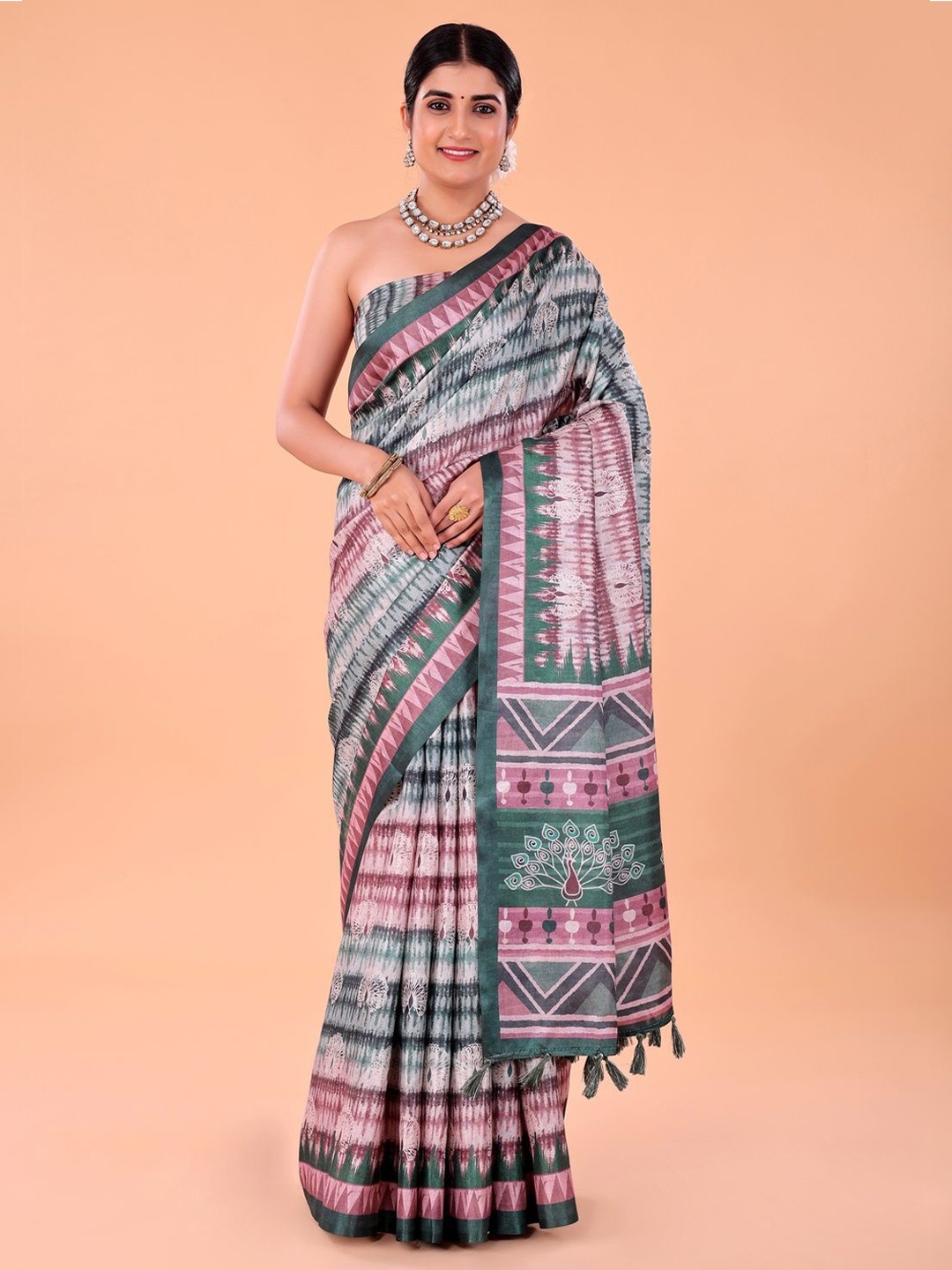 

NAAREE COLLECTION Printed Satin Saree, Green