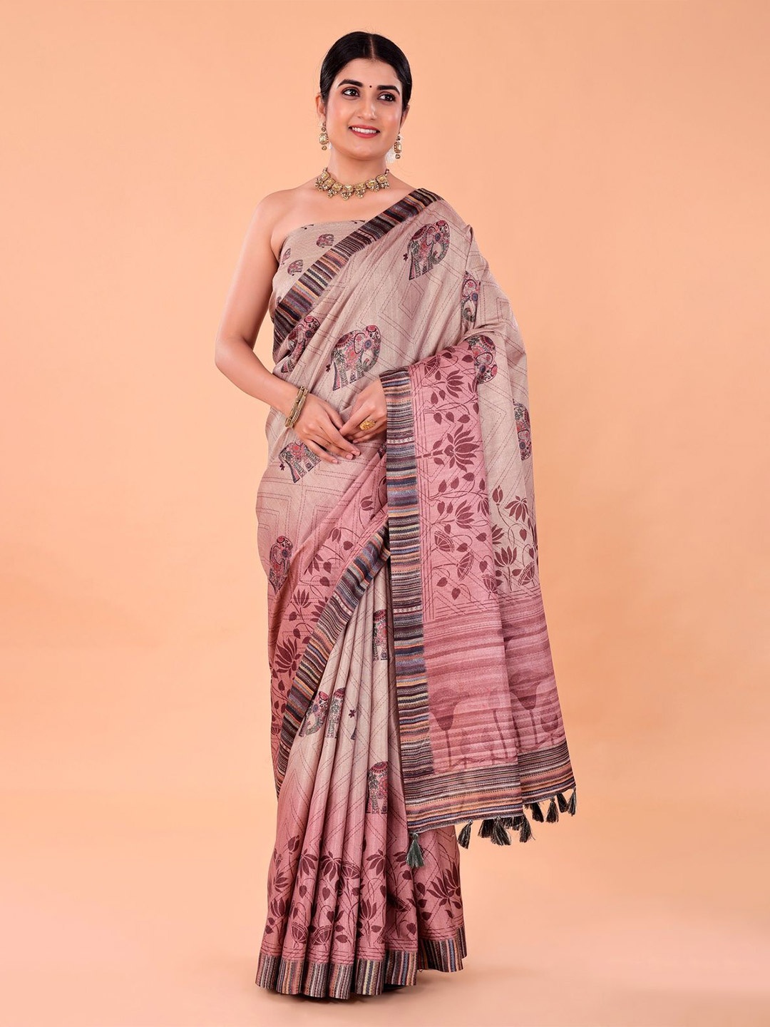 

NAAREE COLLECTION Ethnic Motifs Printed Satin Saree, Mauve