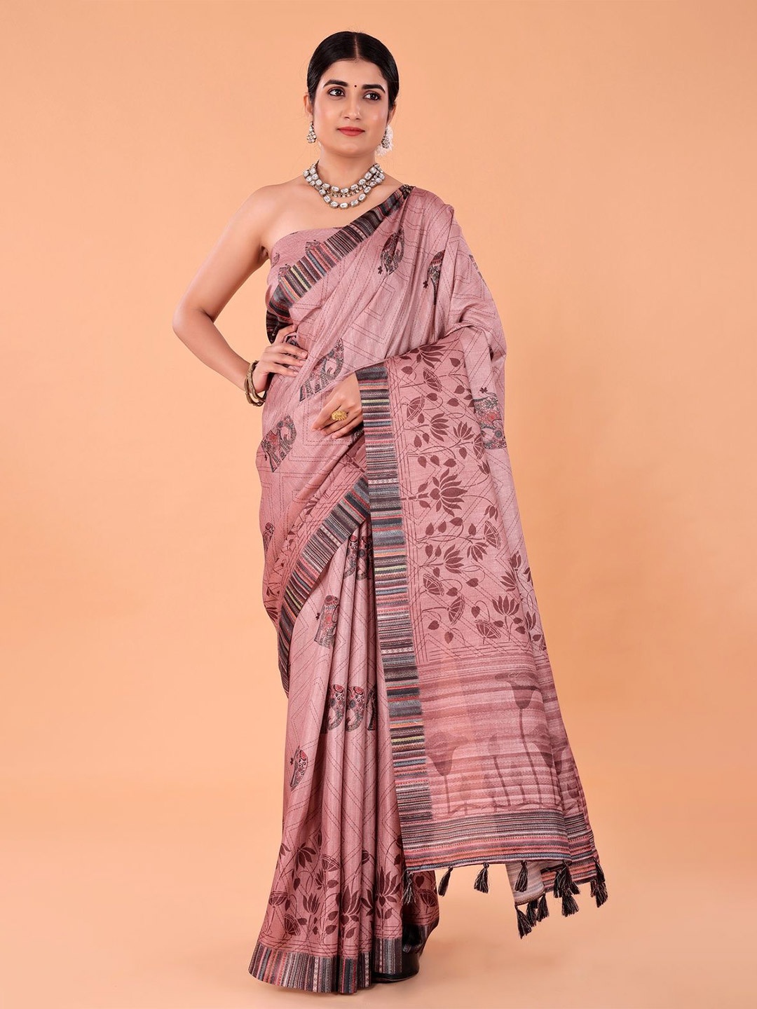 

NAAREE COLLECTION Floral Satin Block Print Saree, Peach