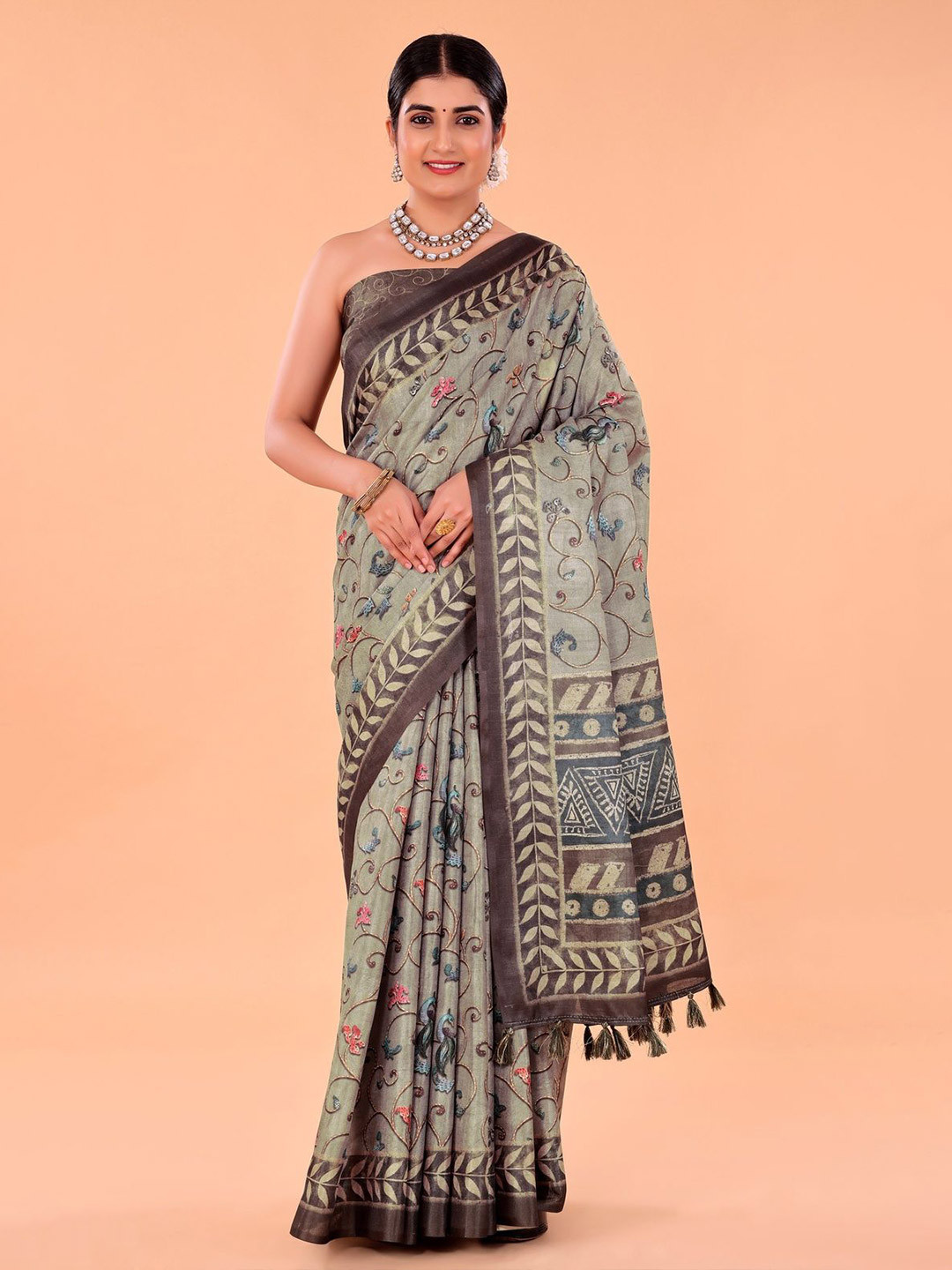 

NAAREE COLLECTION Floral Printed Satin Saree, Olive