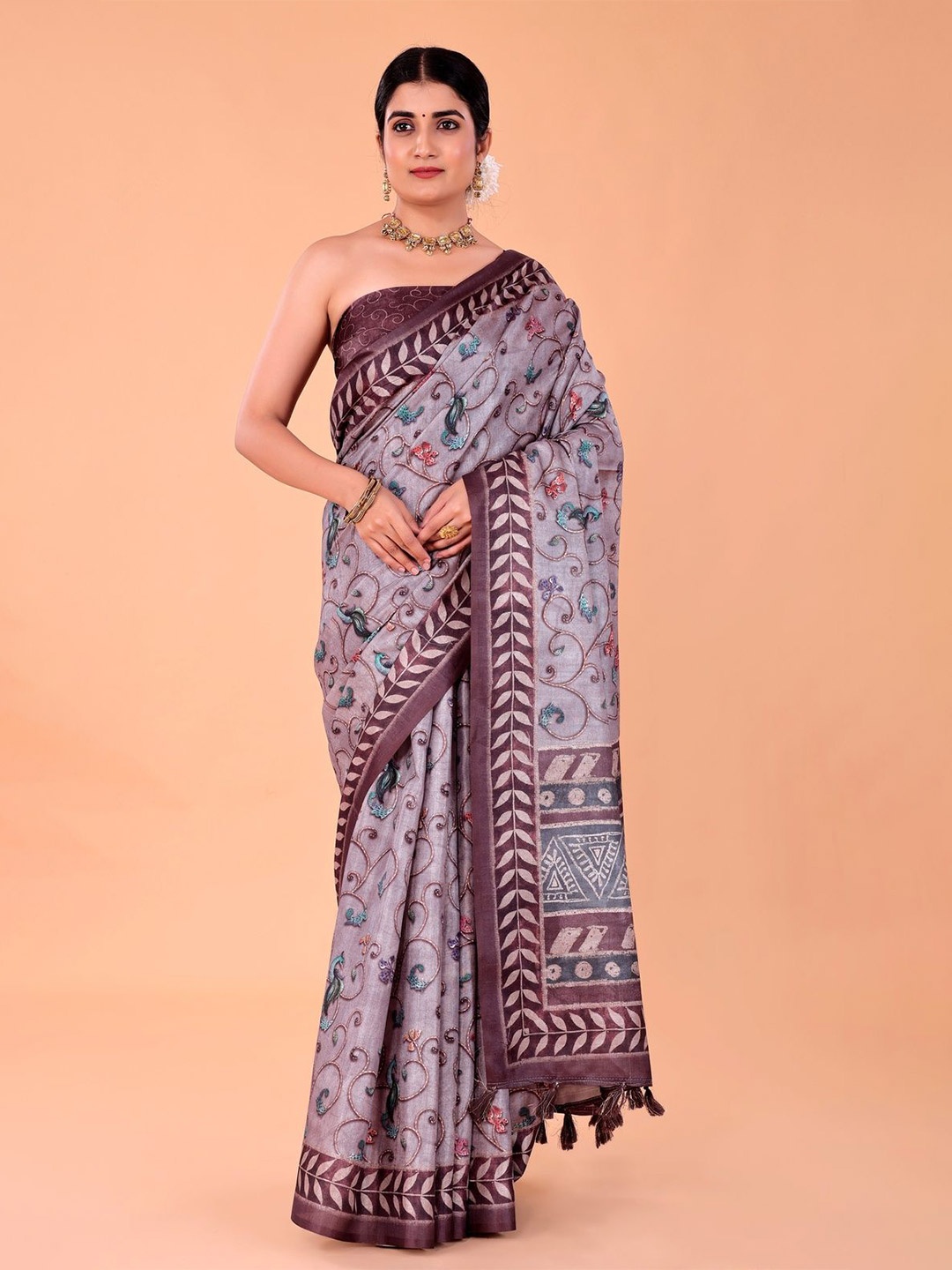 

NAAREE COLLECTION Women Satin Floral Printed Saree, Brown