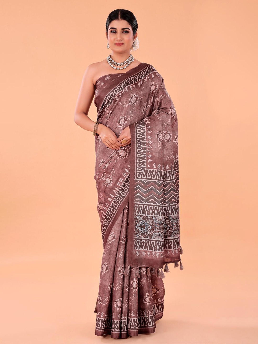 

NAAREE COLLECTION Printed Satin Saree, Brown