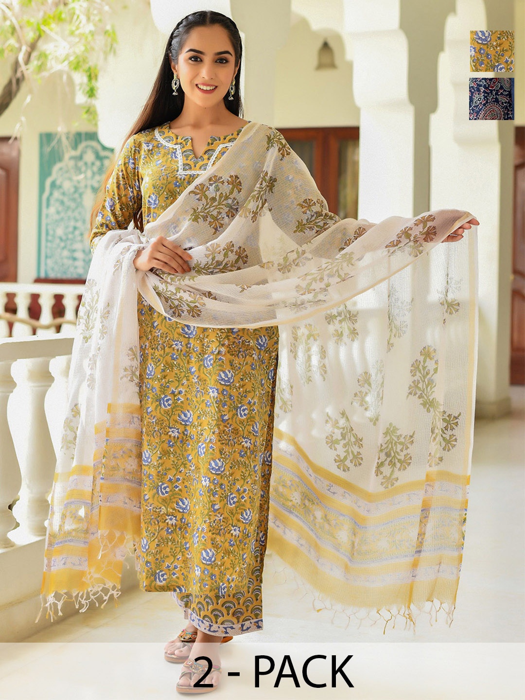 

KALINI Women Ethnic Motifs Printed Regular Kurta with Trousers & With Dupatta, Yellow