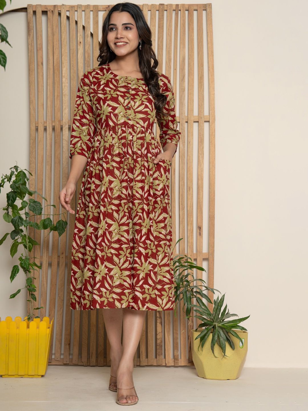

VEDANA Women Floral Printed Cotton Maternity Fit & Flare Midi Dress, Red