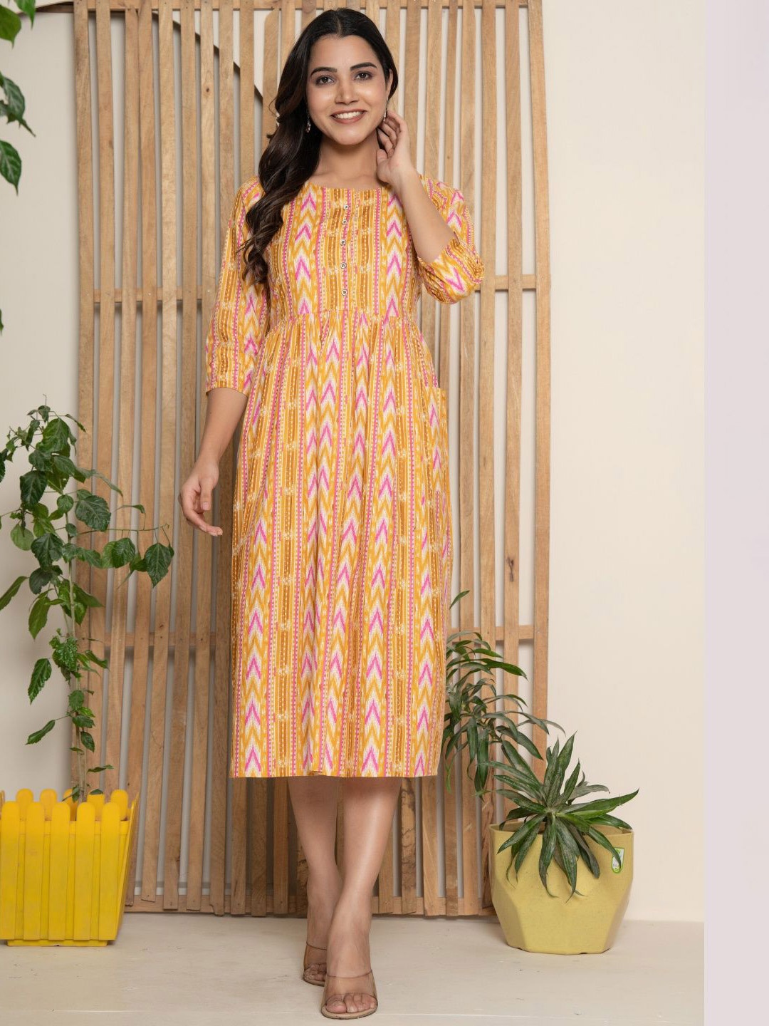 

VEDANA Women Geometric Printed Cotton Maternity Fit & Flare Midi Dress, Mustard