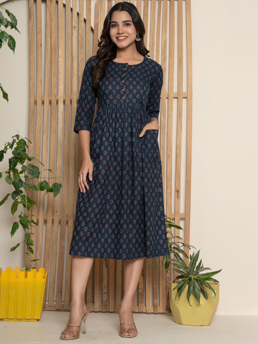 

VEDANA Women Floral Print Fit & Flare Midi Dress, Navy blue