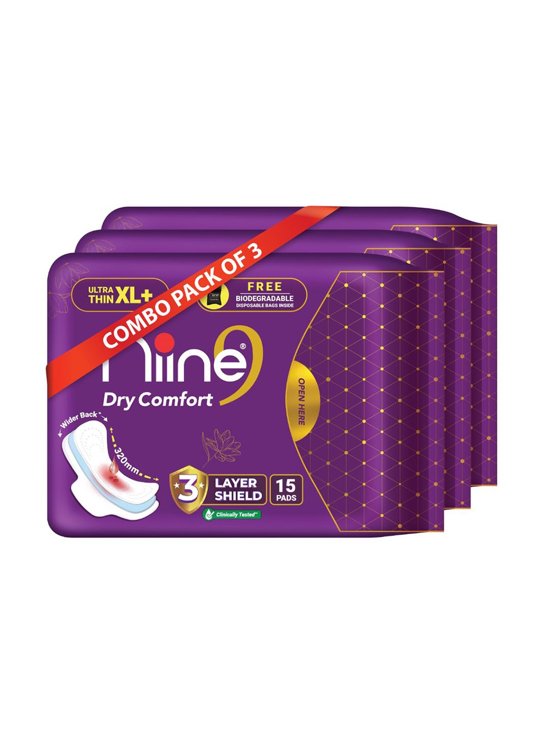 

Niine Pack Of 3 Dry Comfort Ultra Thin Sanitary Pads XL - 15 Pads Each, White