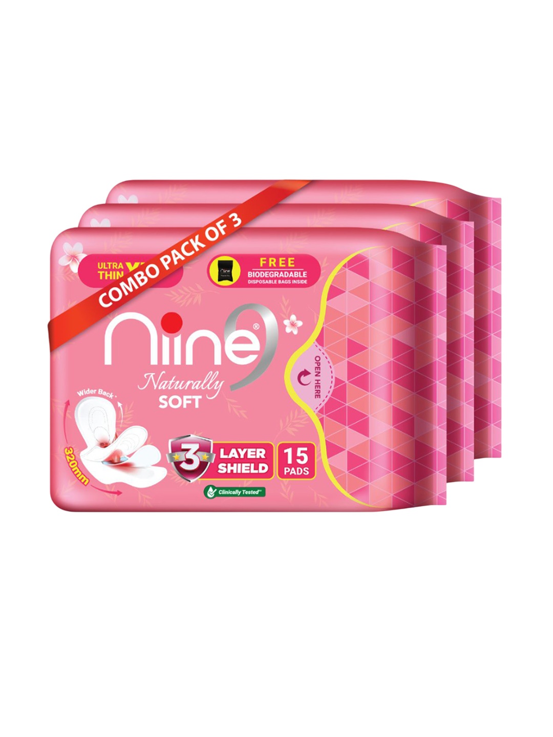 

Niine Pack Of 3 Naturally Soft Ultra Thin Sanitary Pads XL+ - 15 Pads Each, White