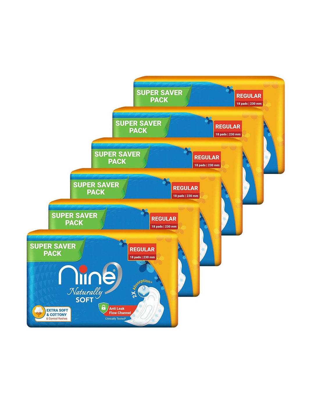 

Niine Pack Of 6 Naturally Soft Anti Leak Sanitary Pads - 18 Pads Each, White