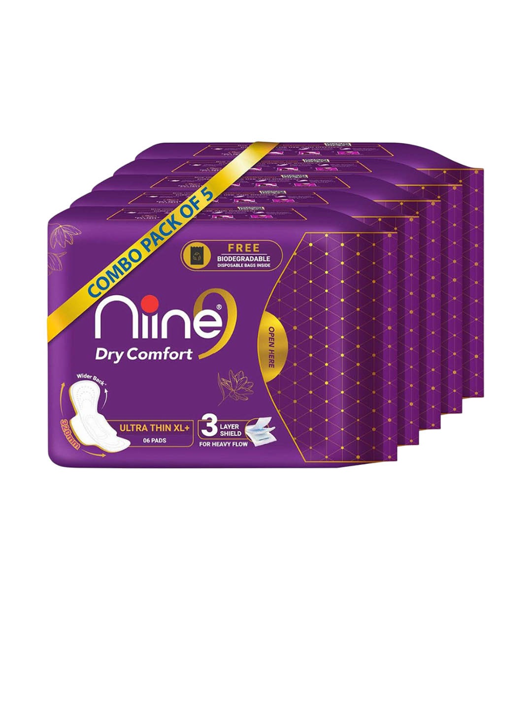 

Niine Set Of 5 Dry Comfort Ultra Thin Napkin For Heavy Flow- Xl- 30 Pads Each, White