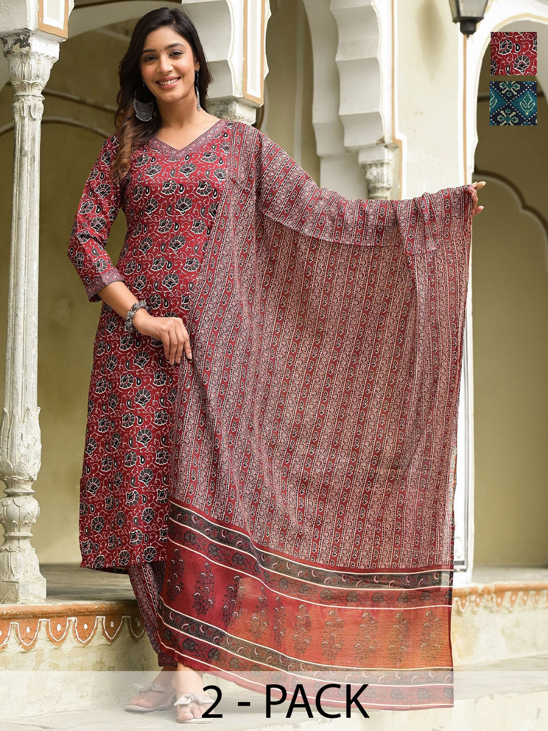 

KALINI Women Ethnic Motifs Printed Regular Kurta with Trousers & With Dupatta, Red