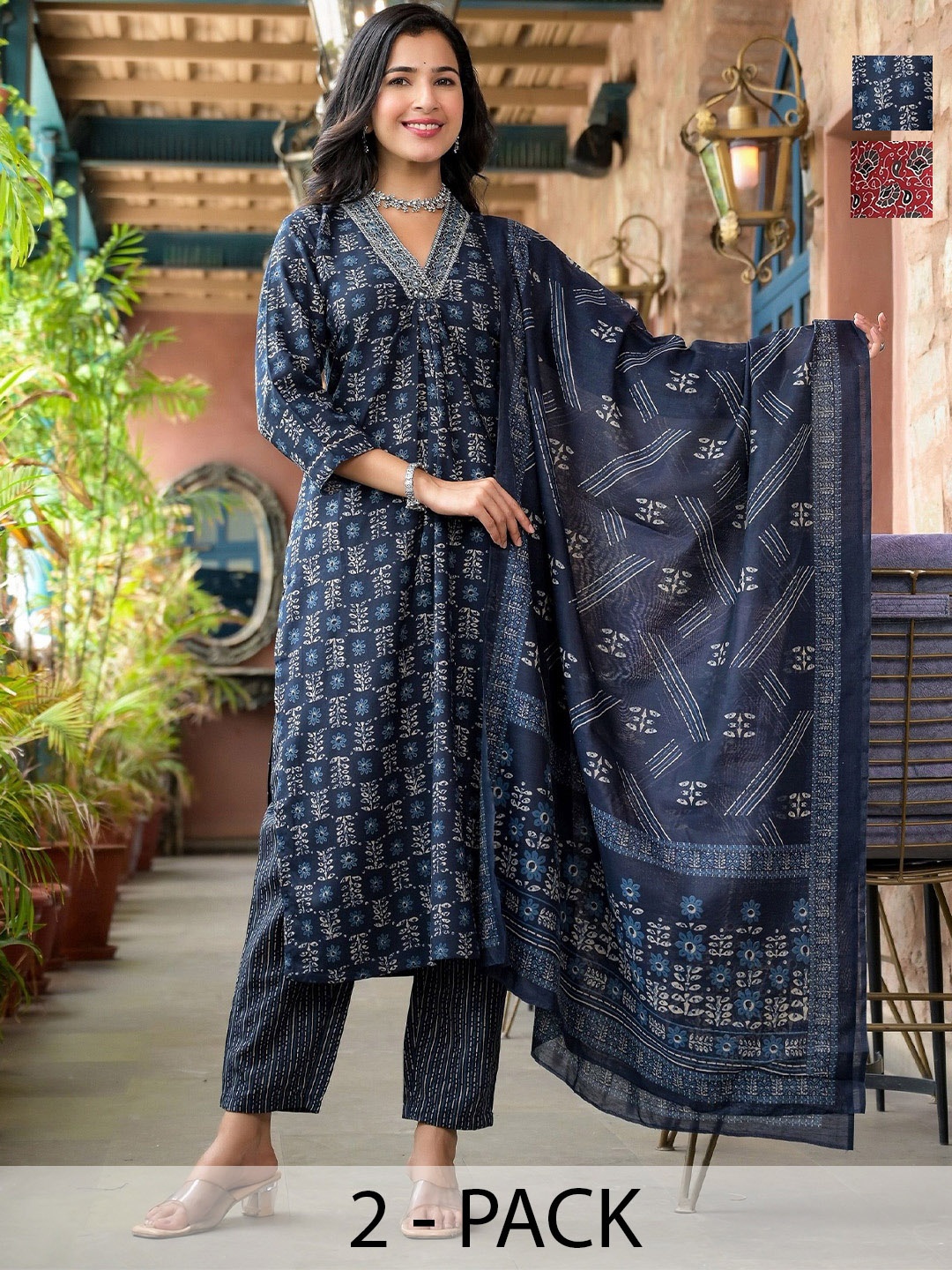 

KALINI Women Ethnic Motifs Printed Regular Kurta with Trousers & With Dupatta, Blue