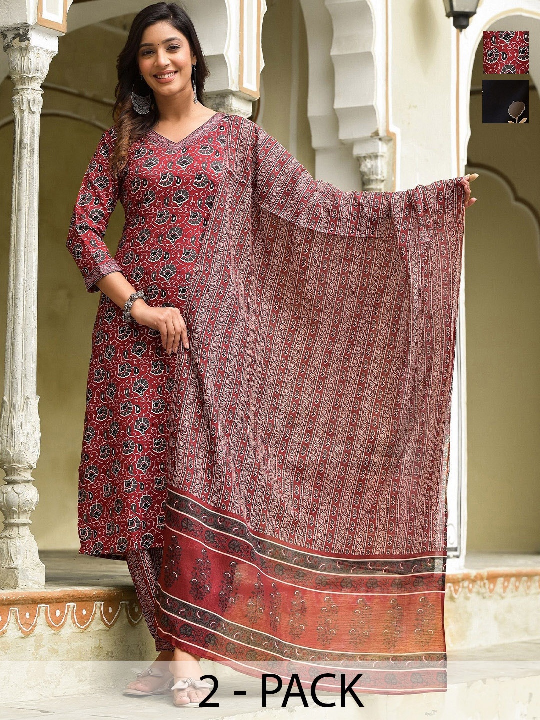 

KALINI Women Ethnic Motifs Printed Regular Kurta with Trousers & With Dupatta, Red