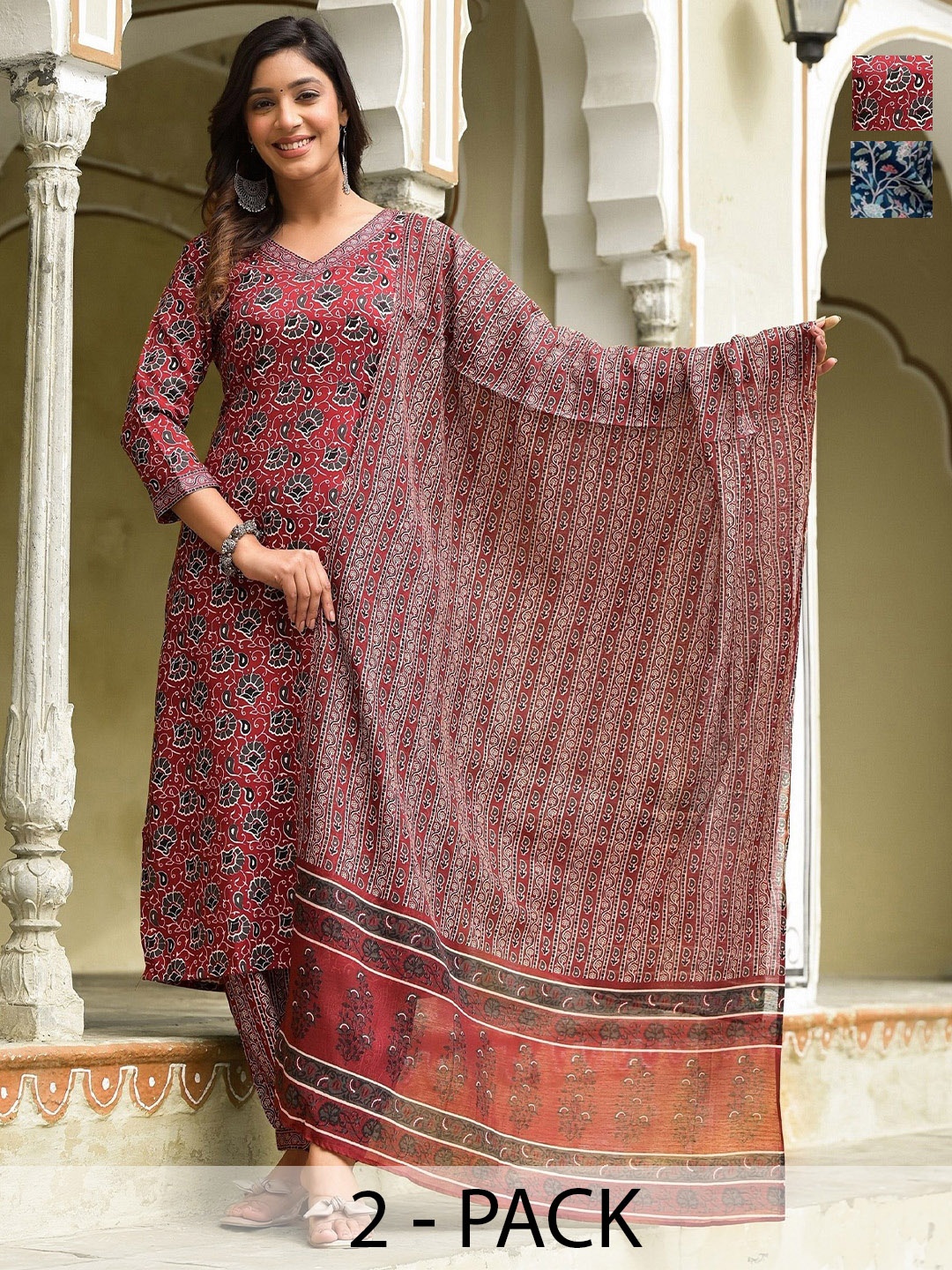 

KALINI Women Ethnic Motifs Printed Regular Kurta with Trousers & With Dupatta, Maroon