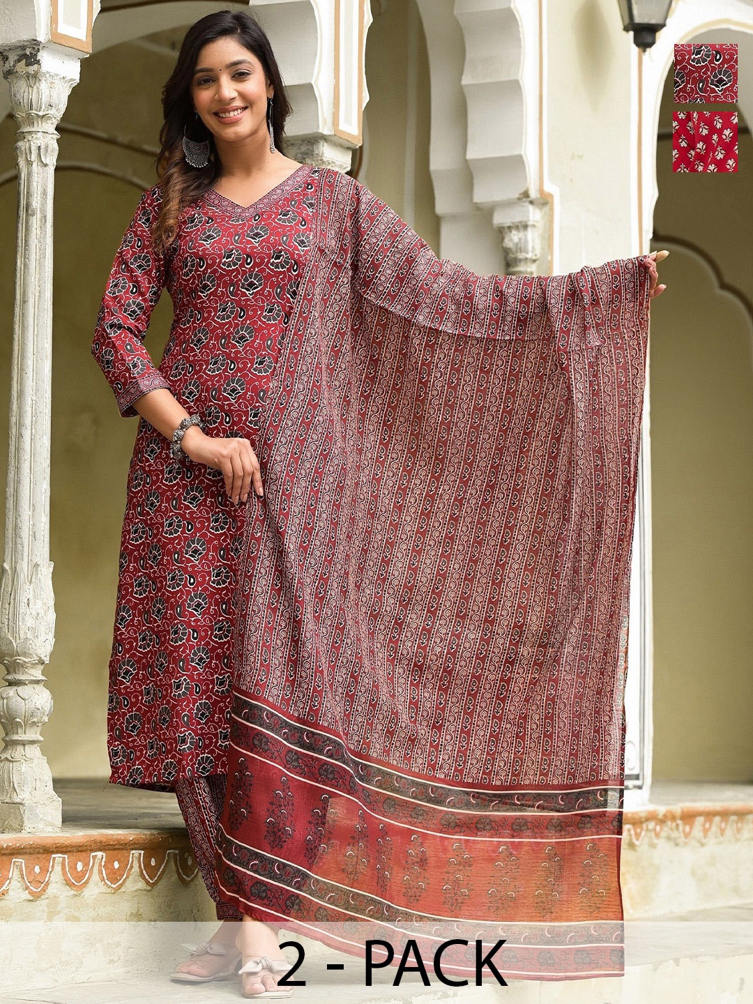 

KALINI Women Ethnic Motifs Printed Regular Kurta with Trousers & With Dupatta, Red