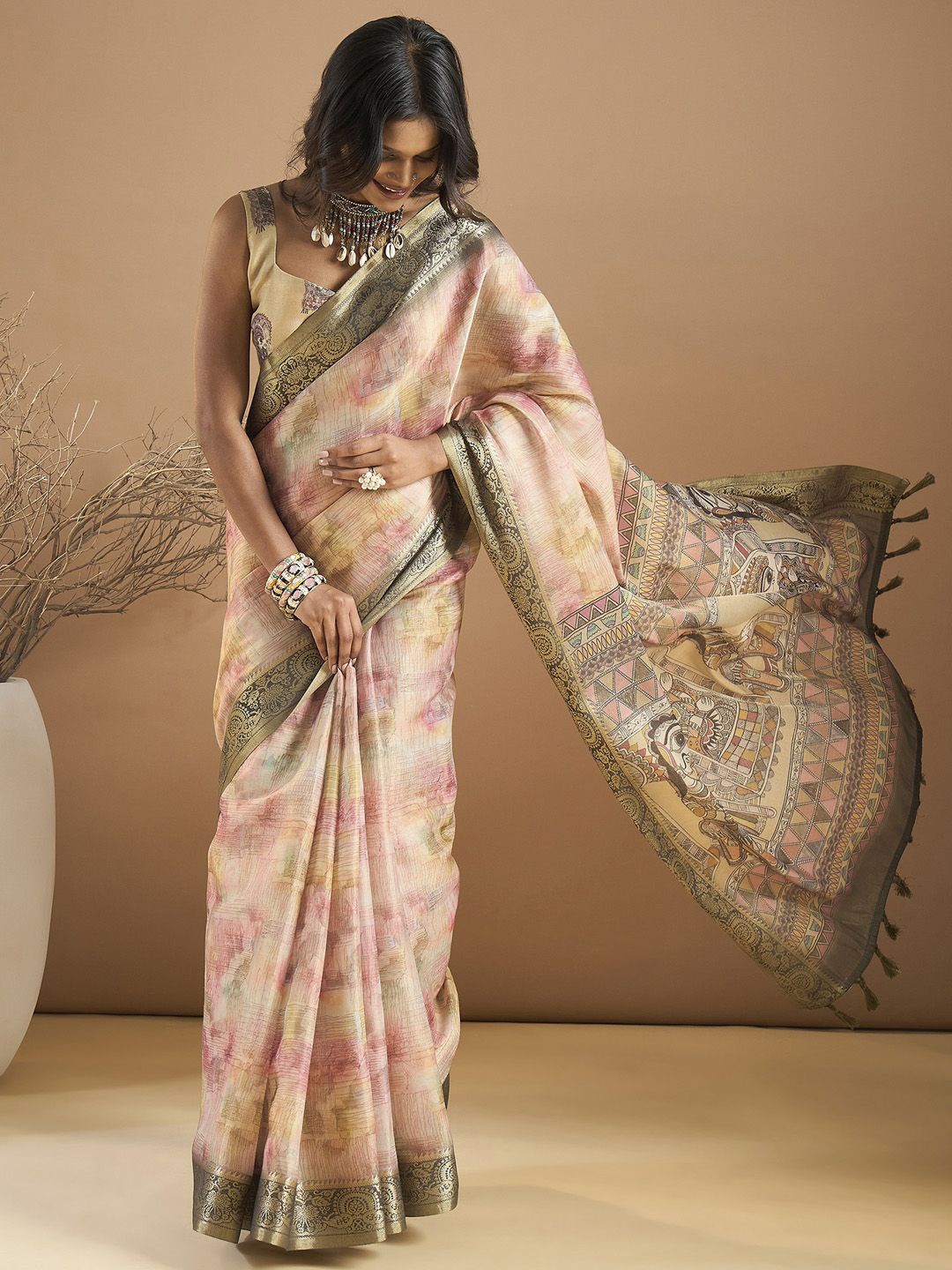 

Sangria Abstract Printed Zari Saree, Cream