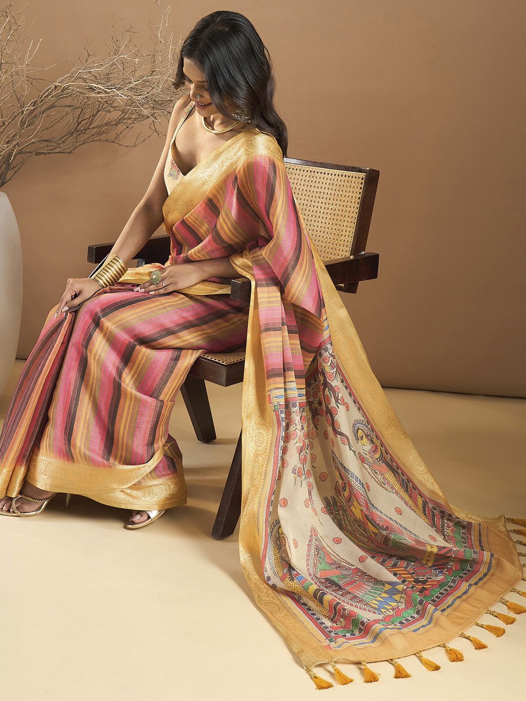 

Sangria Striped Kanjeevaram Saree, Pink