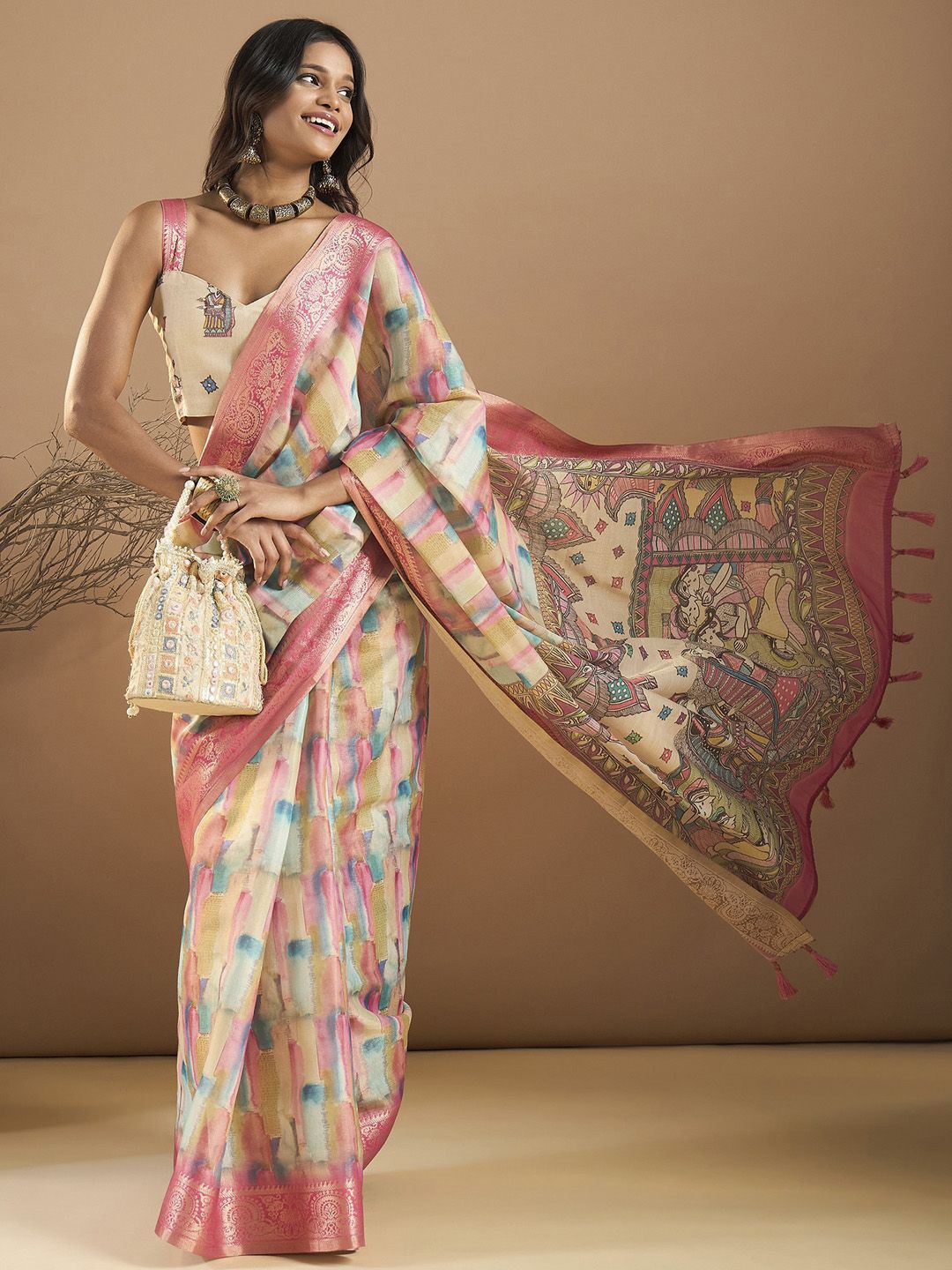 

Sangria Kalamkari Printed Kanjeevaram Saree, Cream