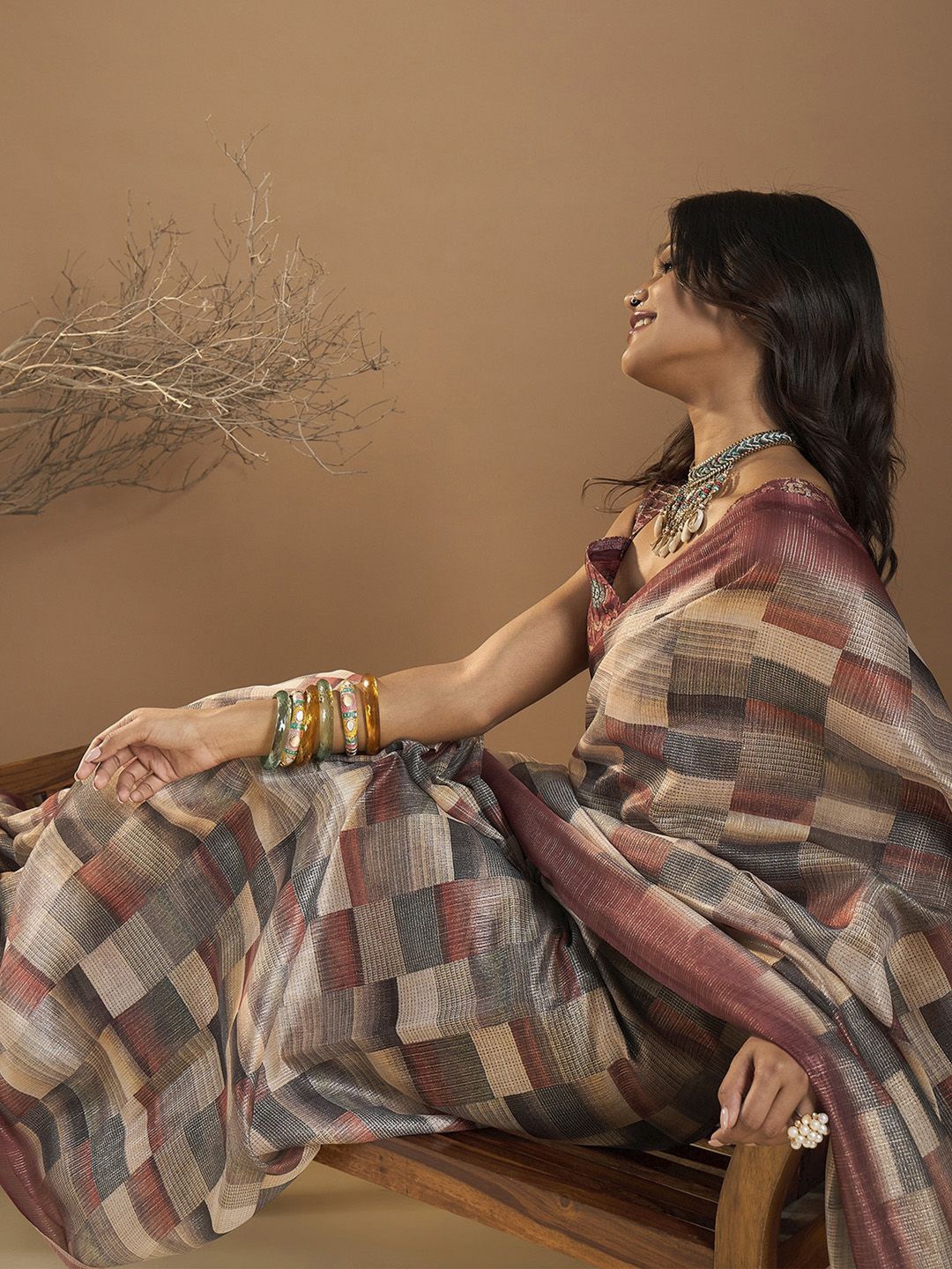 

Sangria Women Woven Design Organza Saree, Brown