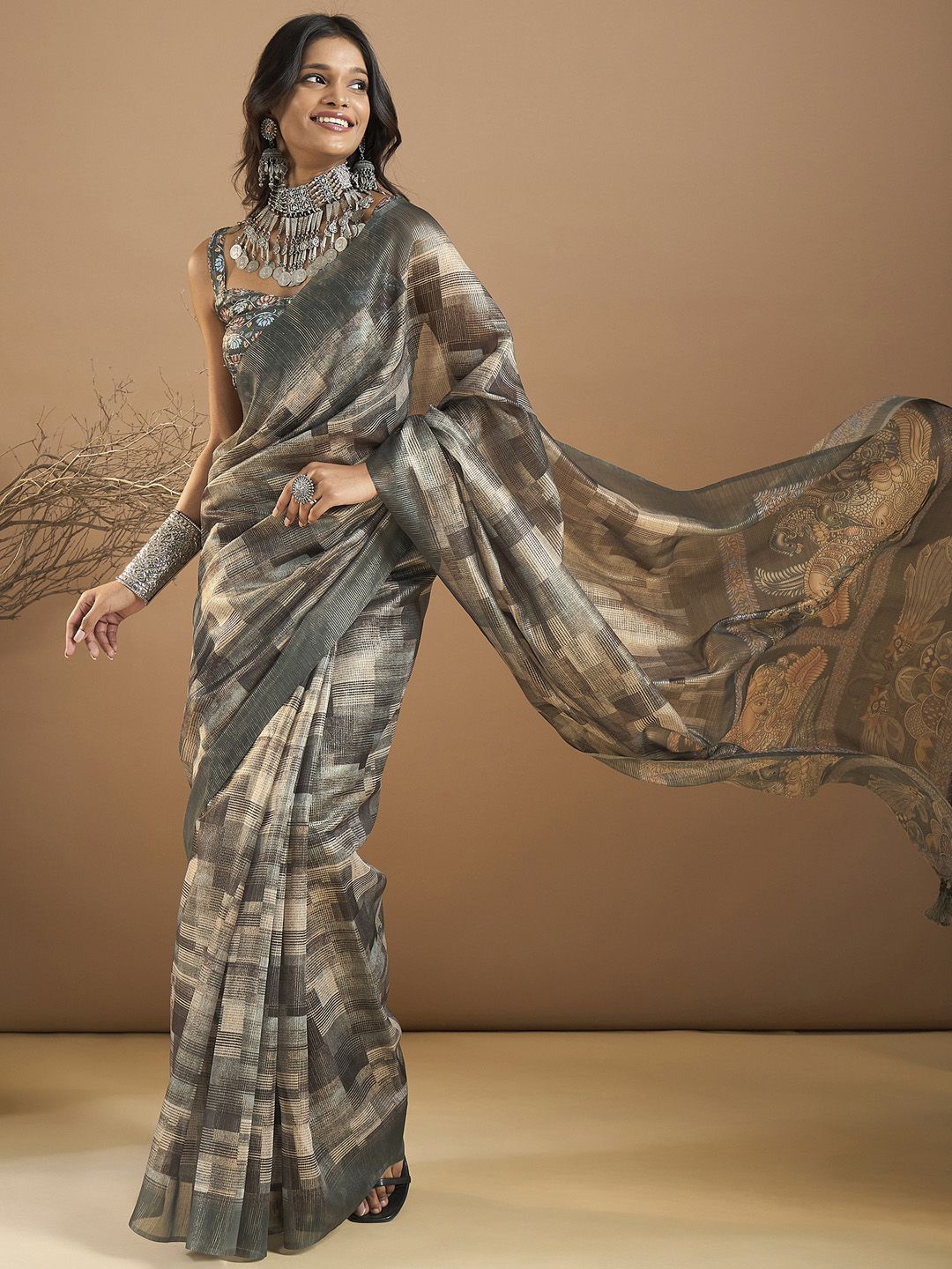 

Sangria Women Organza Printed Saree, Sea green