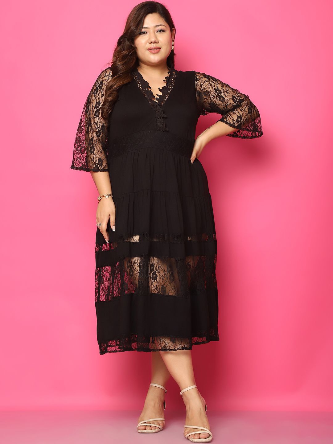 

theRebelinme Women Plus Size Lace A-Line Midi Dress, Black