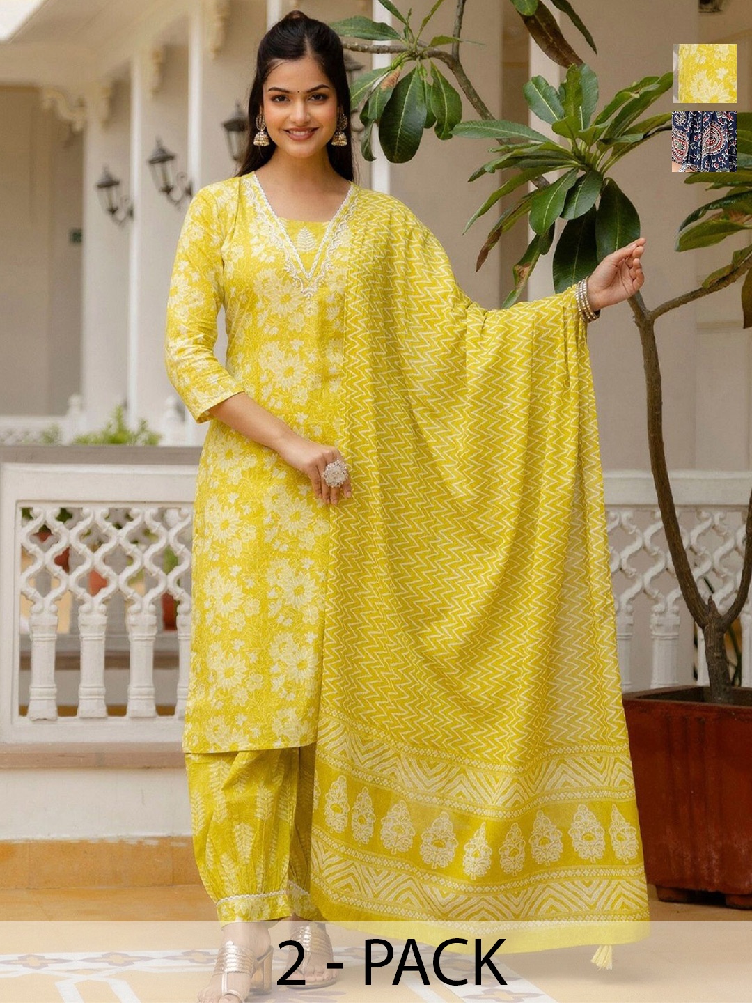 

KALINI Women Ethnic Motifs Printed Regular Kurta with Trousers & With Dupatta, Yellow