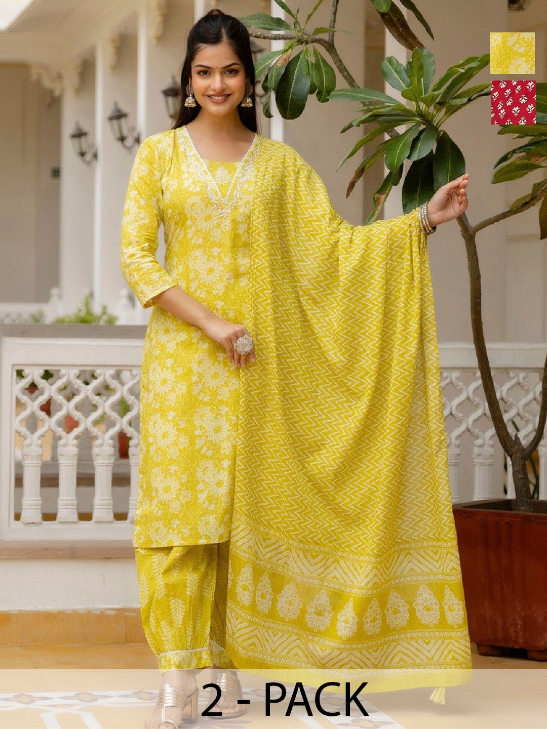 

KALINI Women Ethnic Motifs Printed Regular Kurta with Trousers & With Dupatta, Yellow