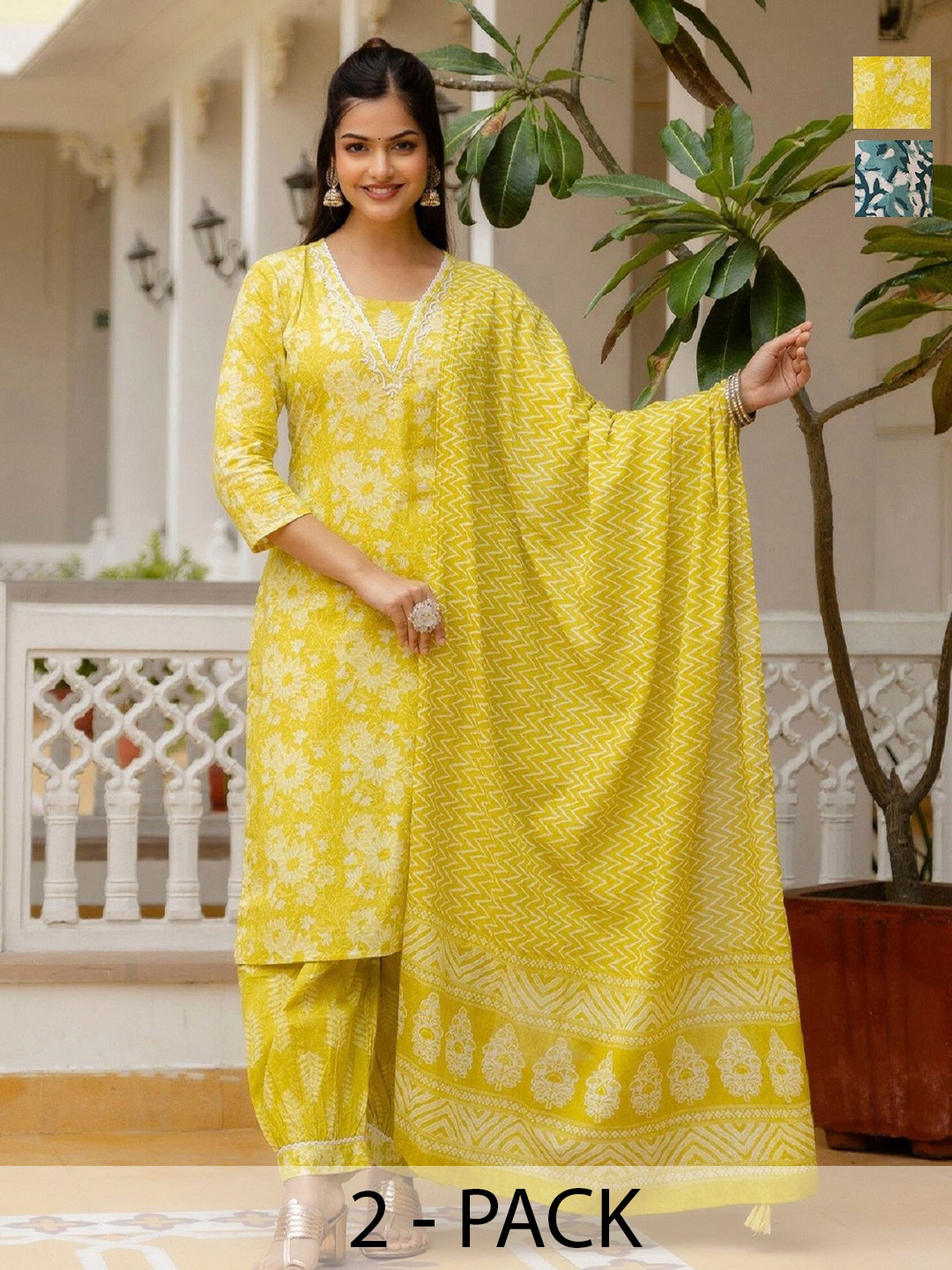 

KALINI Women Ethnic Motifs Printed Regular Kurta with Trousers & With Dupatta, Yellow