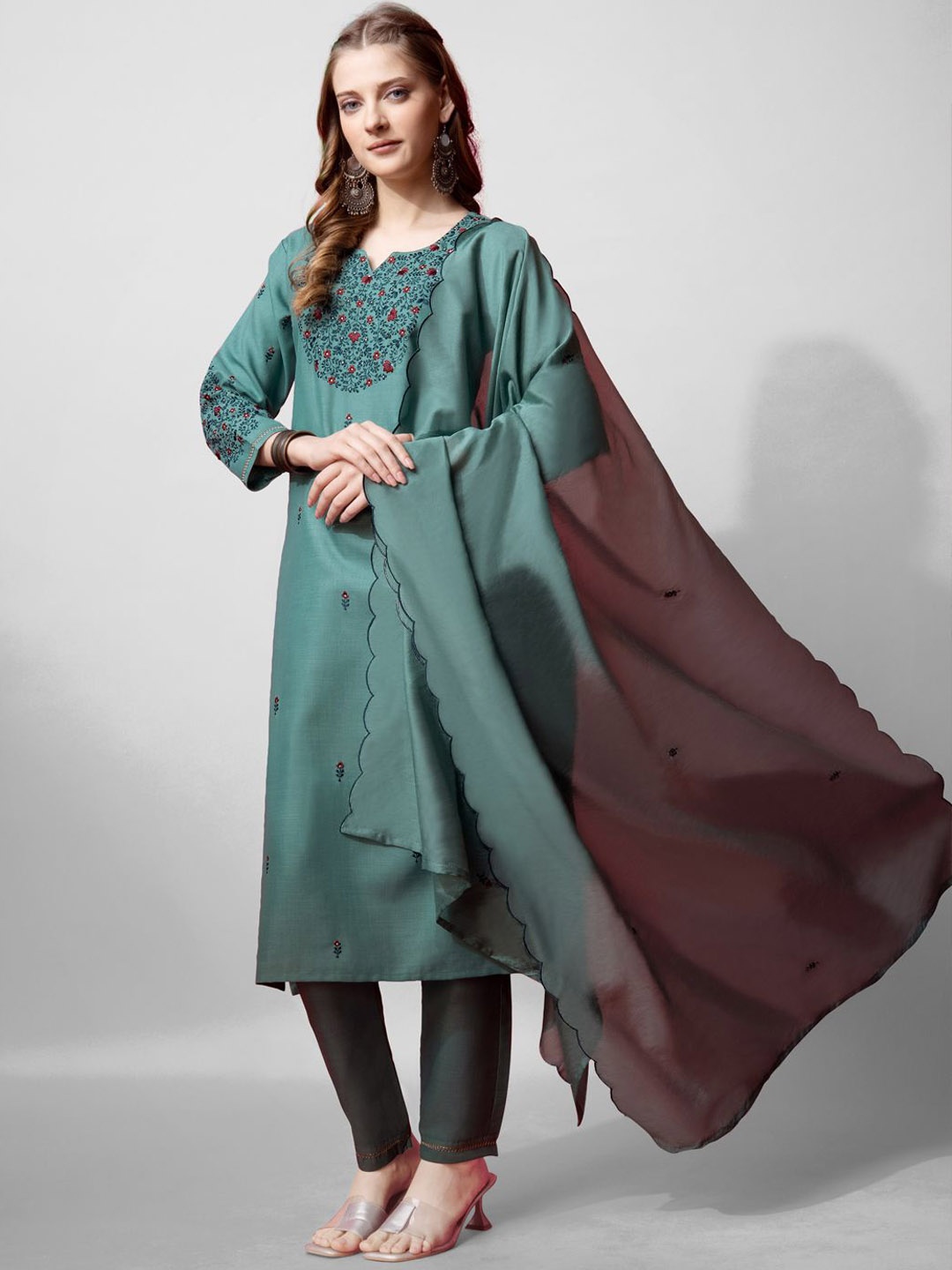 

HI FI NX Women Embroidered Regular Kurta with Trousers & With Dupatta, Teal