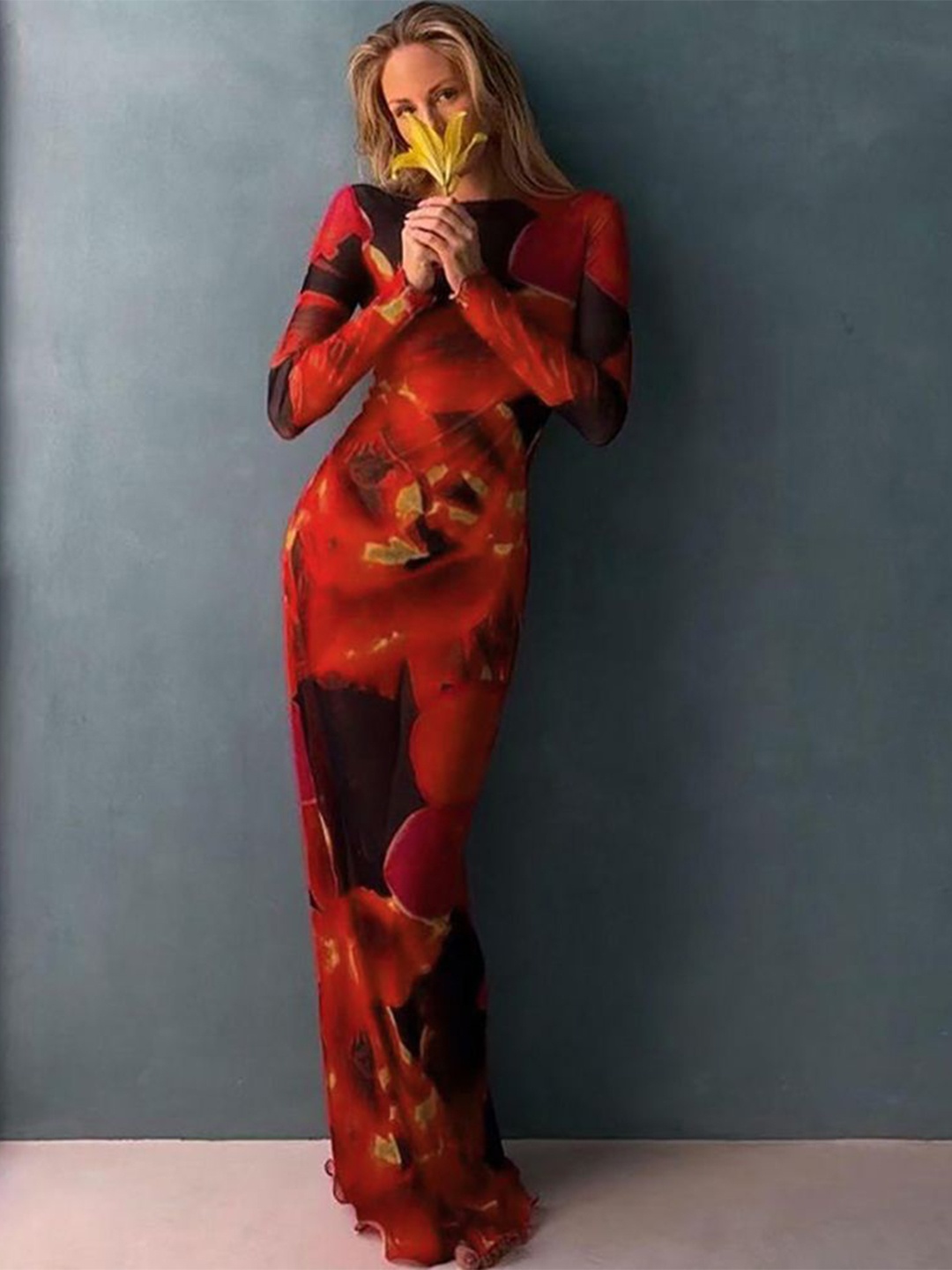

StyleCast x Revolte Women Printed Long Sleeves Bodycon Maxi Dress, Red