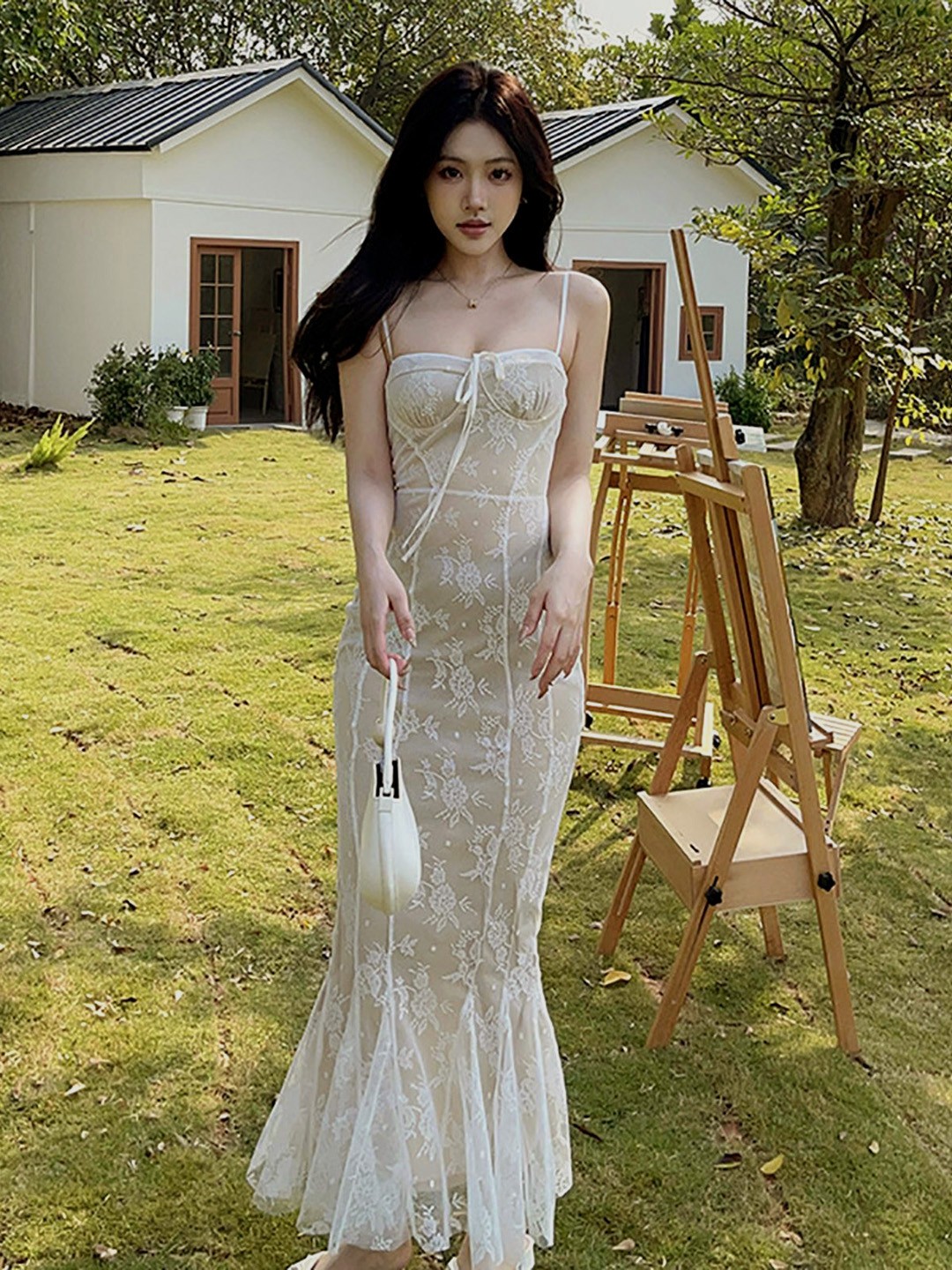 

StyleCast x Revolte Women Shoulder Straps Self Design Fit & Flare Midi Dress, White