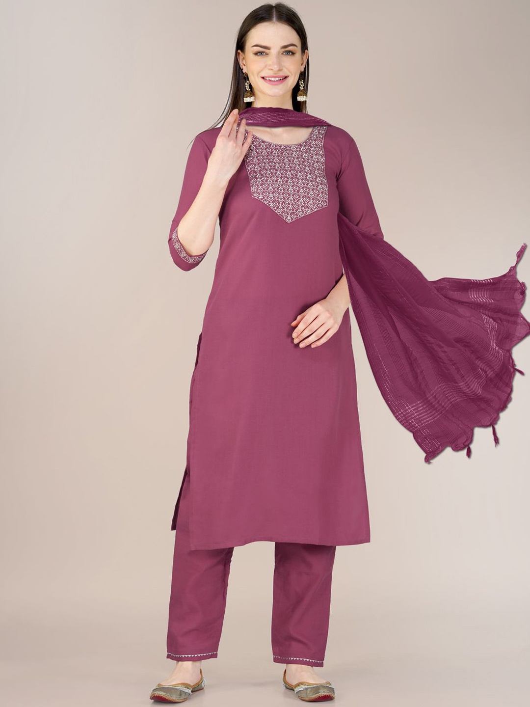 

HI FI NX Women Paisley Embroidered Regular Kurta with Trousers & With Dupatta, Purple