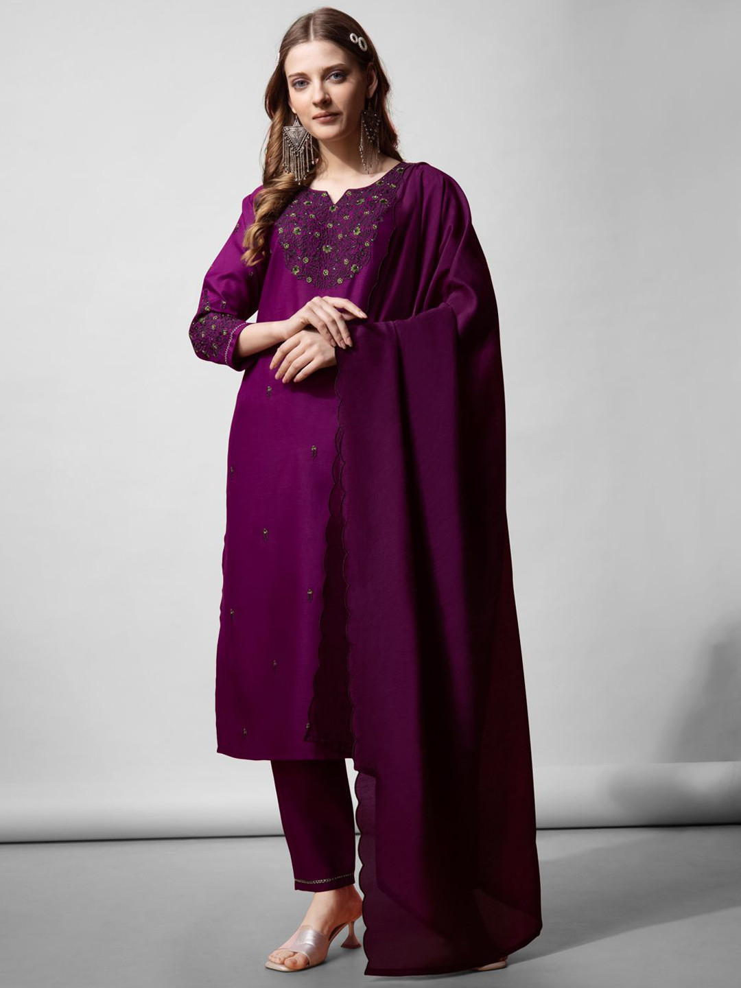 

HI FI NX Women Embroidered Regular Kurta with Trousers & With Dupatta, Purple