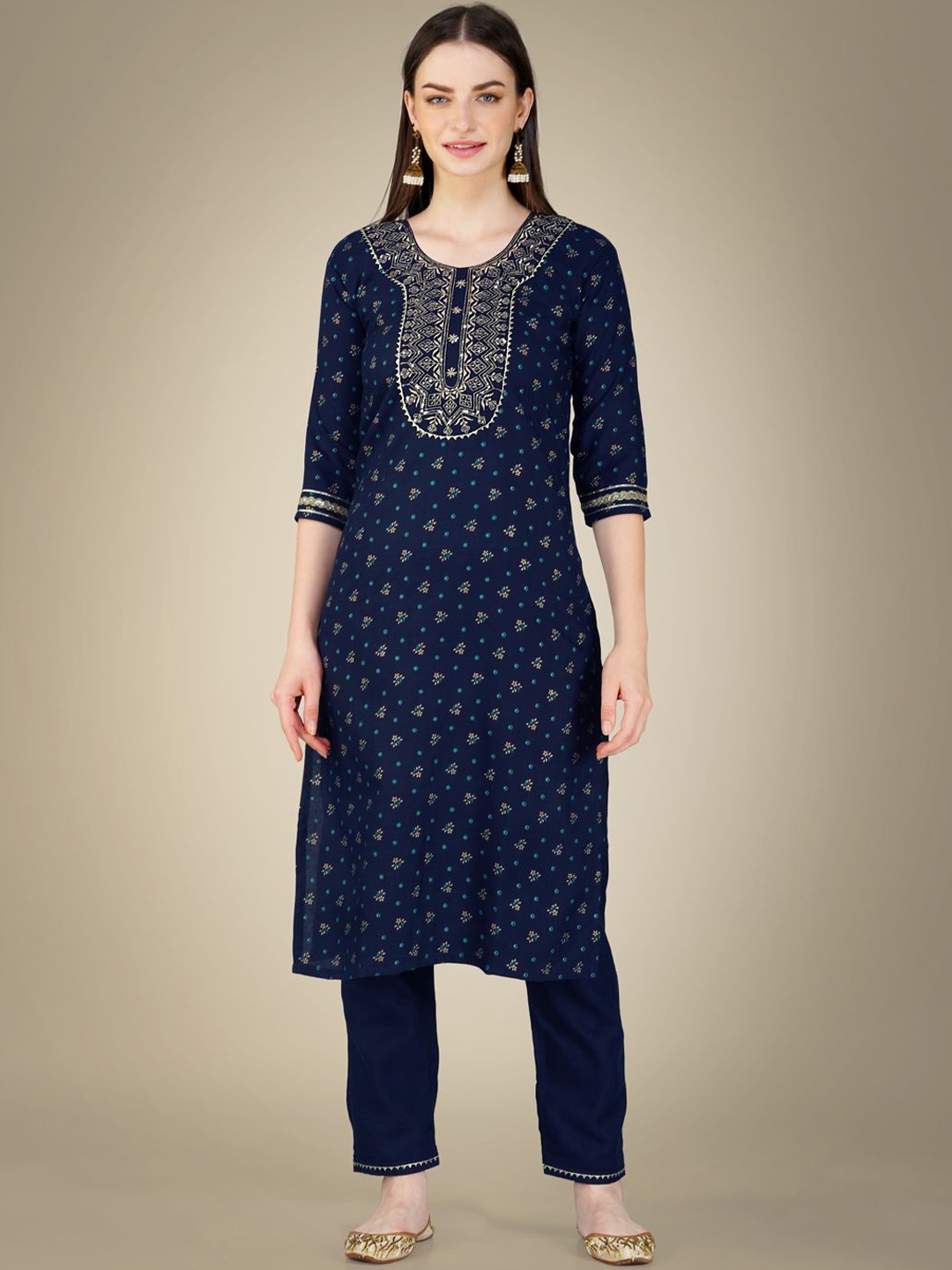 

HI FI NX Women Paisley Embroidered Regular Kurta with Trousers & With Dupatta, Navy blue