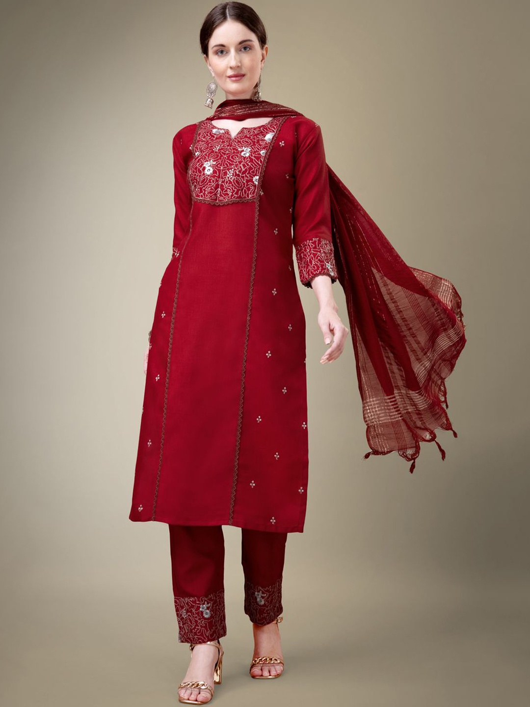 

HI FI NX Women Ethnic Motifs Embroidered Regular Sequinned Kurta with Churidar & With Dupatta, Maroon