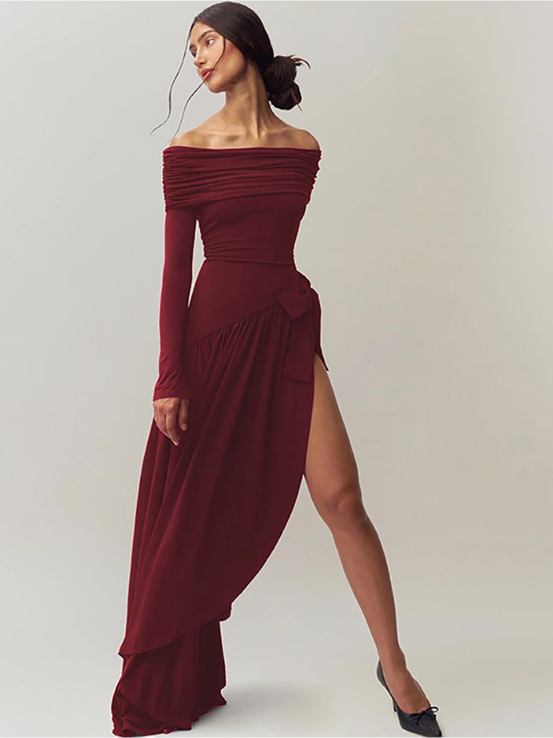 

StyleCast x Revolte Women Off-Shoulder Fit & Flare Maxi Dress With Slit Detail, Maroon