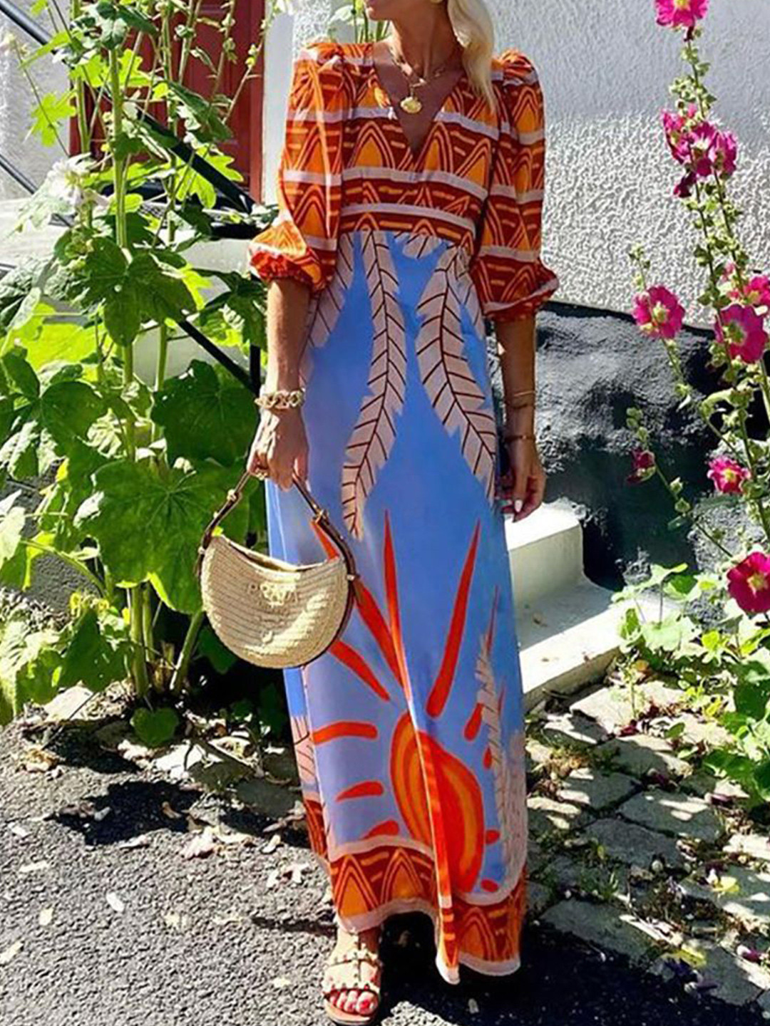 

StyleCast x Revolte Women Printed Puff Sleeve Maxi Dress, Blue