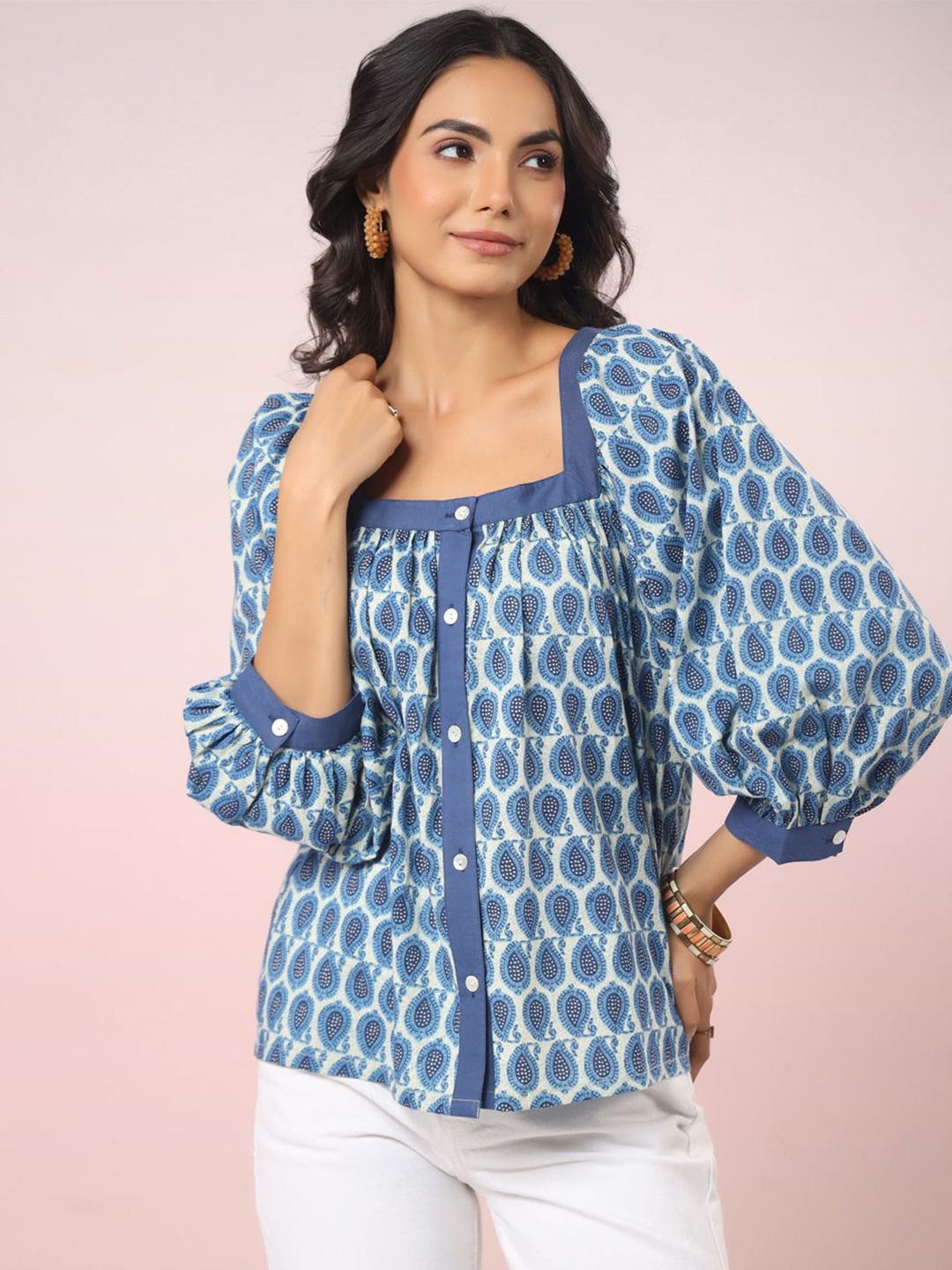 

Jaipur Morni Women Ethnic Motifs Printed Cotton Shirt Style Top, Blue