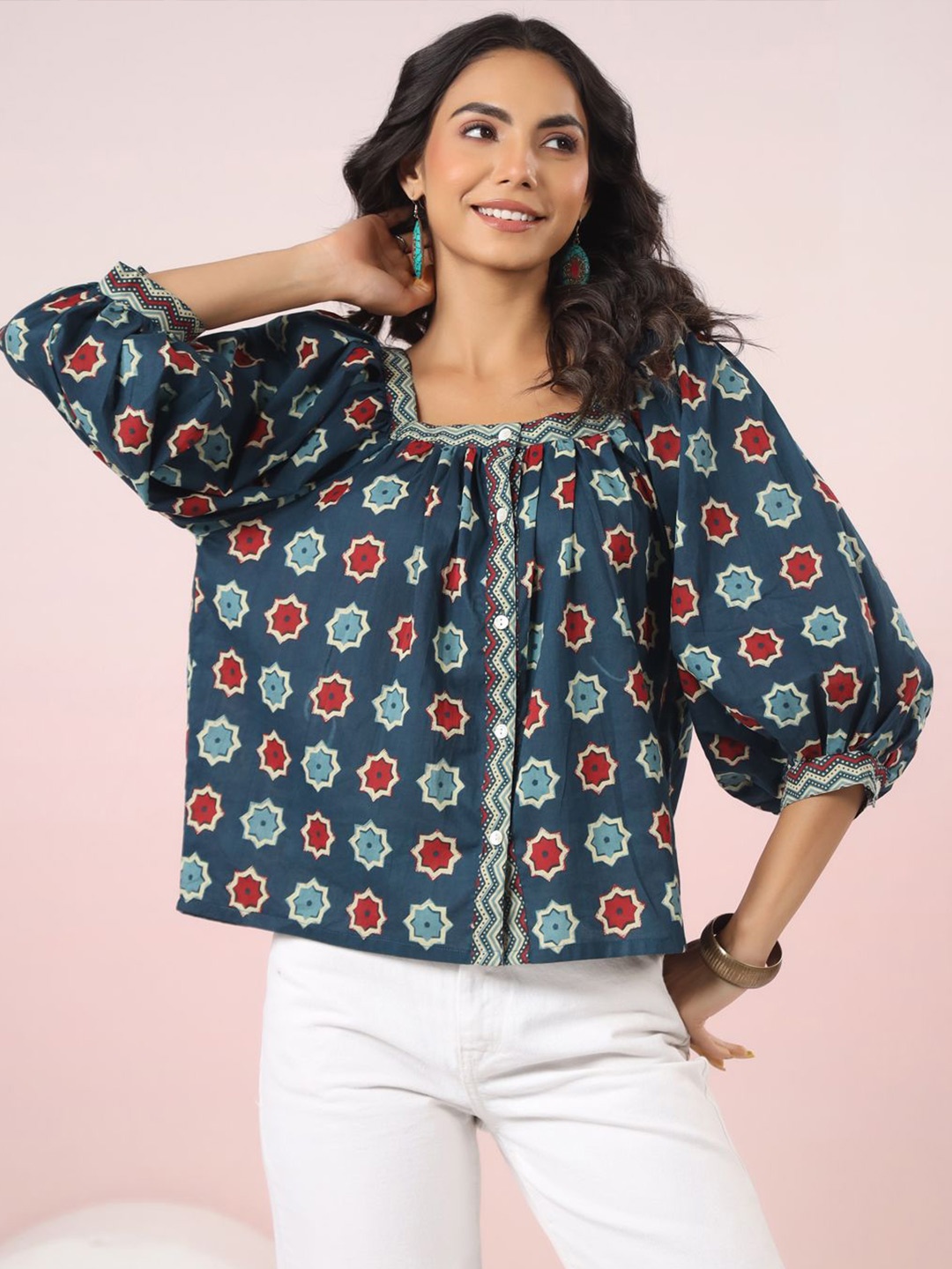 

Jaipur Morni Women Square Neck Puff Sleeve Pure Cotton Top, Blue