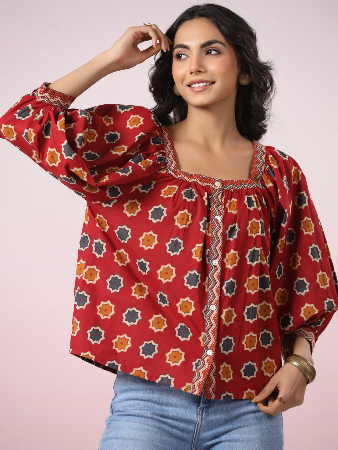 

Jaipur Morni Women Ethnic Motifs Printed Cotton Shirt Style Top, Red