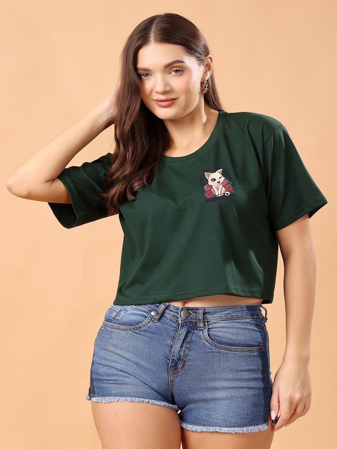 

SWIFTLY Women Bio Finish Floral Printed Round Neck Cotton Boxy Fit T-shirt, Green