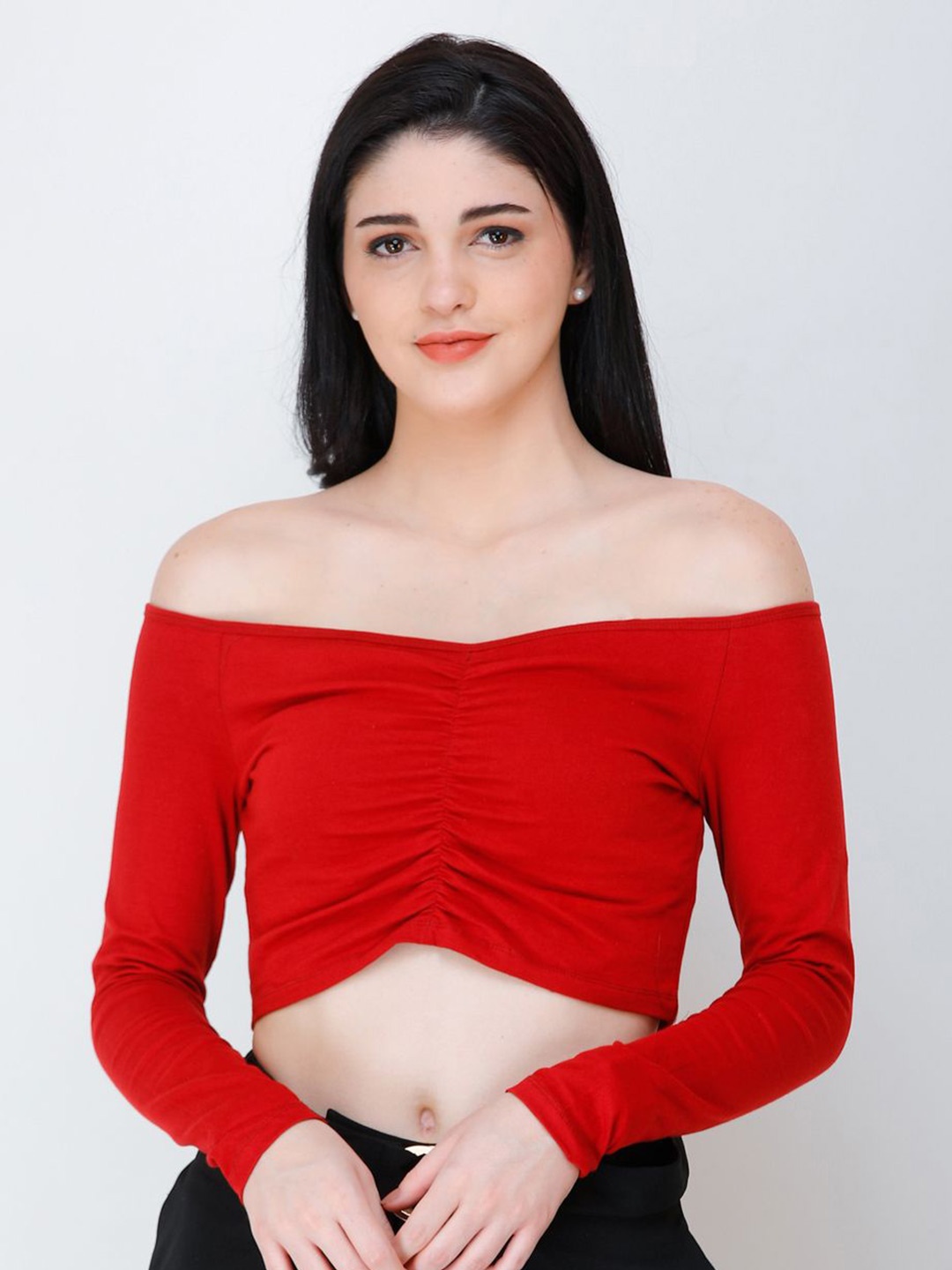 

BAESD Women Off-Shoulder Ruched Bardot Crop Top, Red