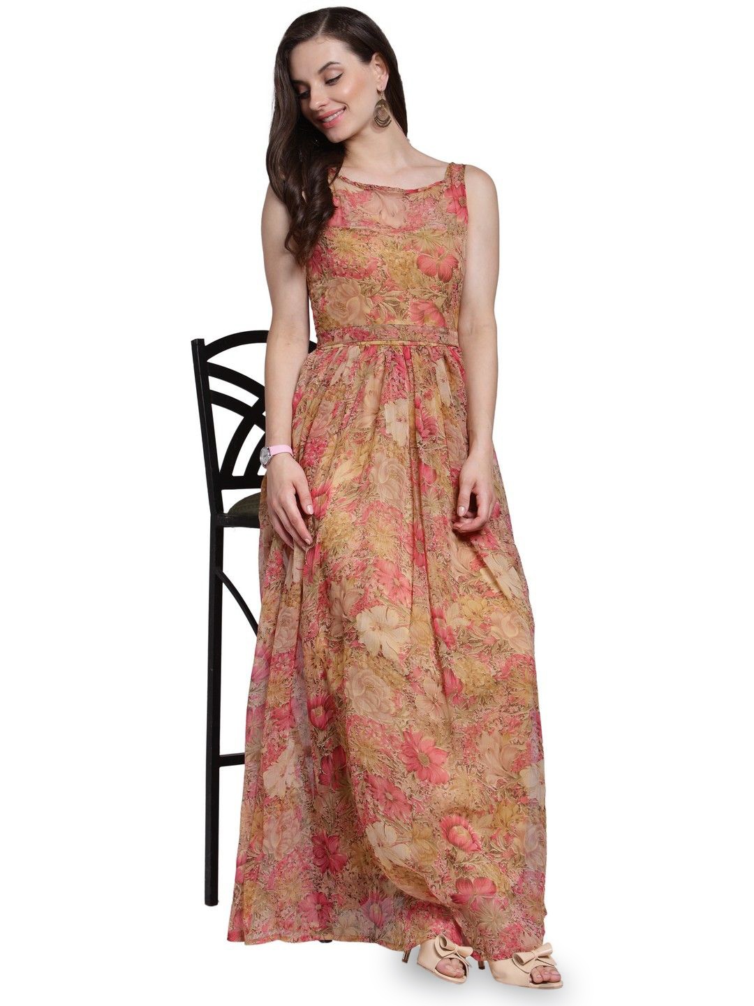 

BAESD Women Floral Printed Maxi Dress, Gold