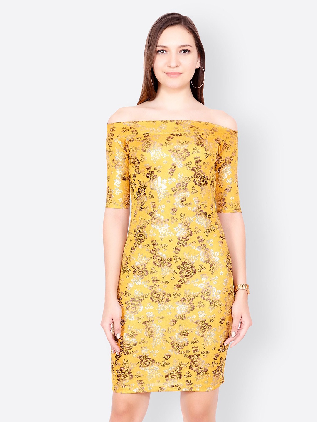 

BAESD Women Cotton Floral Off-Shoulder Bodycon Midi Dress, Gold