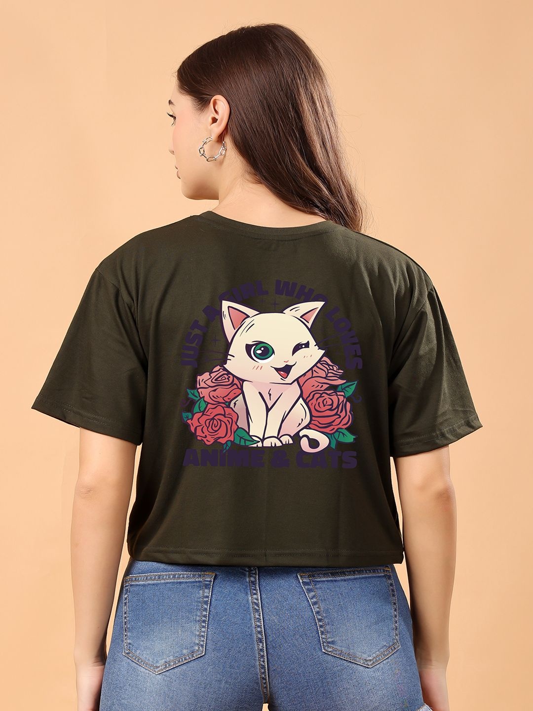 

SWIFTLY Women Bio Finish Floral Printed Round Neck Cotton Boxy Fit T-shirt, Olive