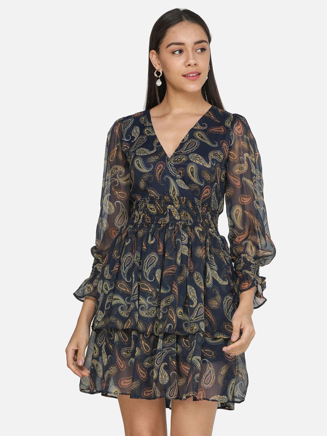 

BAESD Women Floral Printed V-Neck Bell Sleeves Mini Wrap Dress, Navy blue