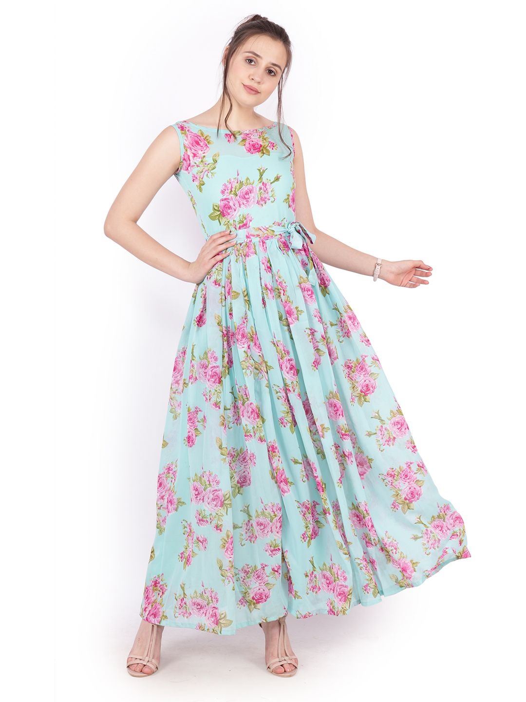 

BAESD Women Floral Printed Boat Neck Maxi Dress, Blue