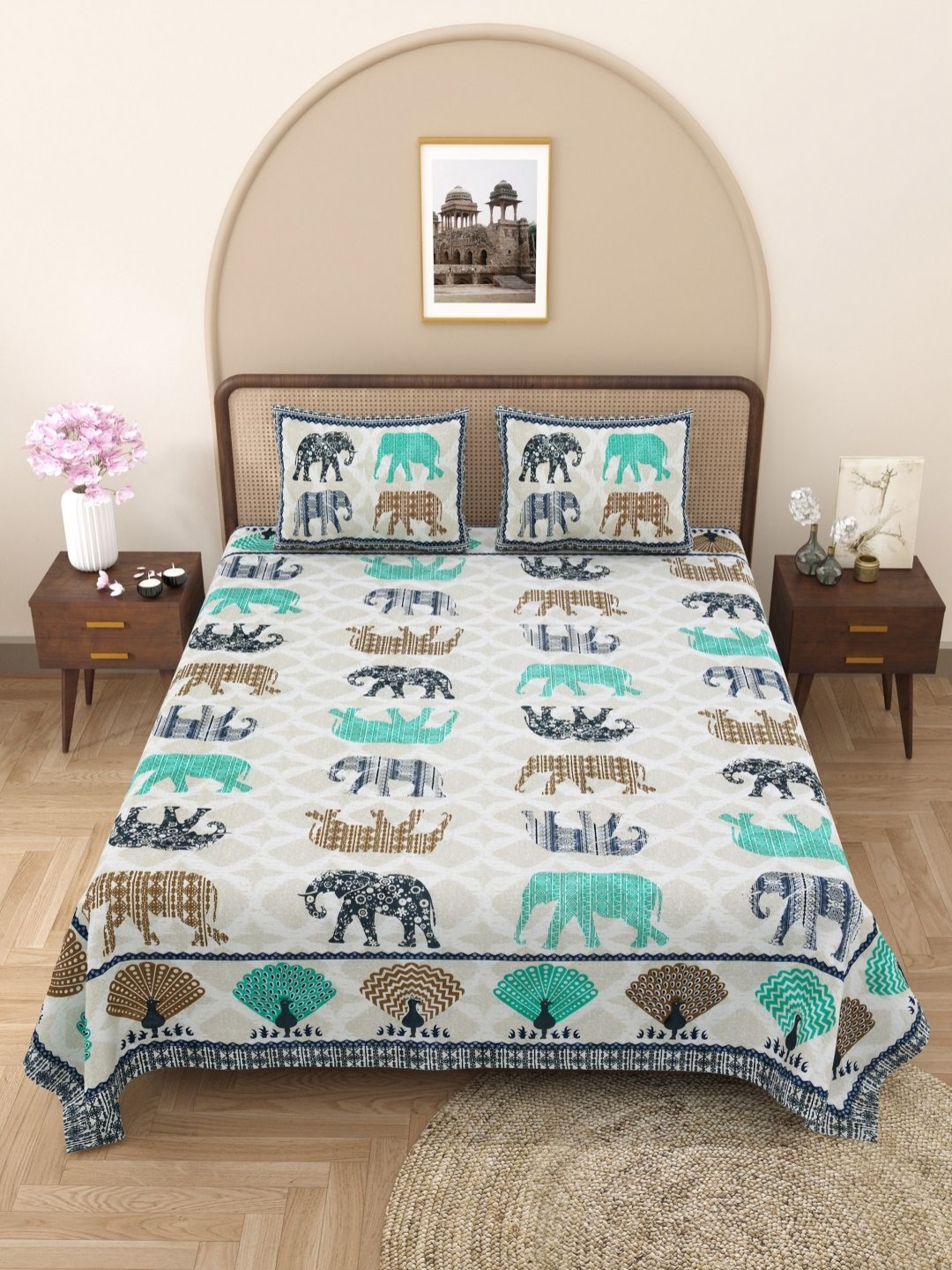 

PATRICKO Blue & Brown Ethnic Motifs 330 TC King Bedsheet with 2 Pillow Covers