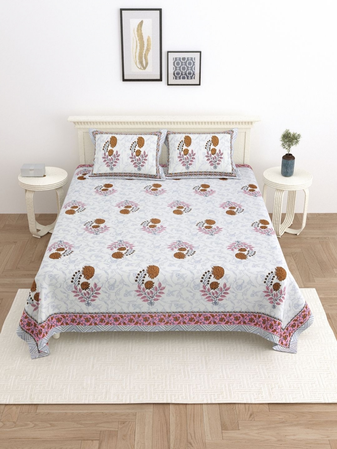 

PATRICKO White Floral 330 TC King Bedsheet with 2 Pillow Covers