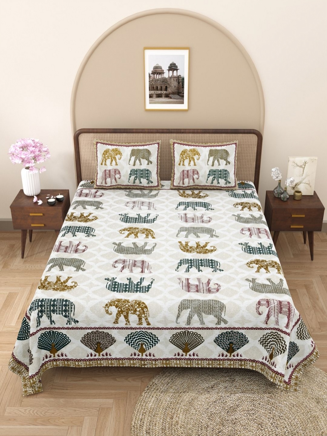 

PATRICKO Brown & White Ethnic Motifs 330 TC King Bedsheet with 2 Pillow Covers